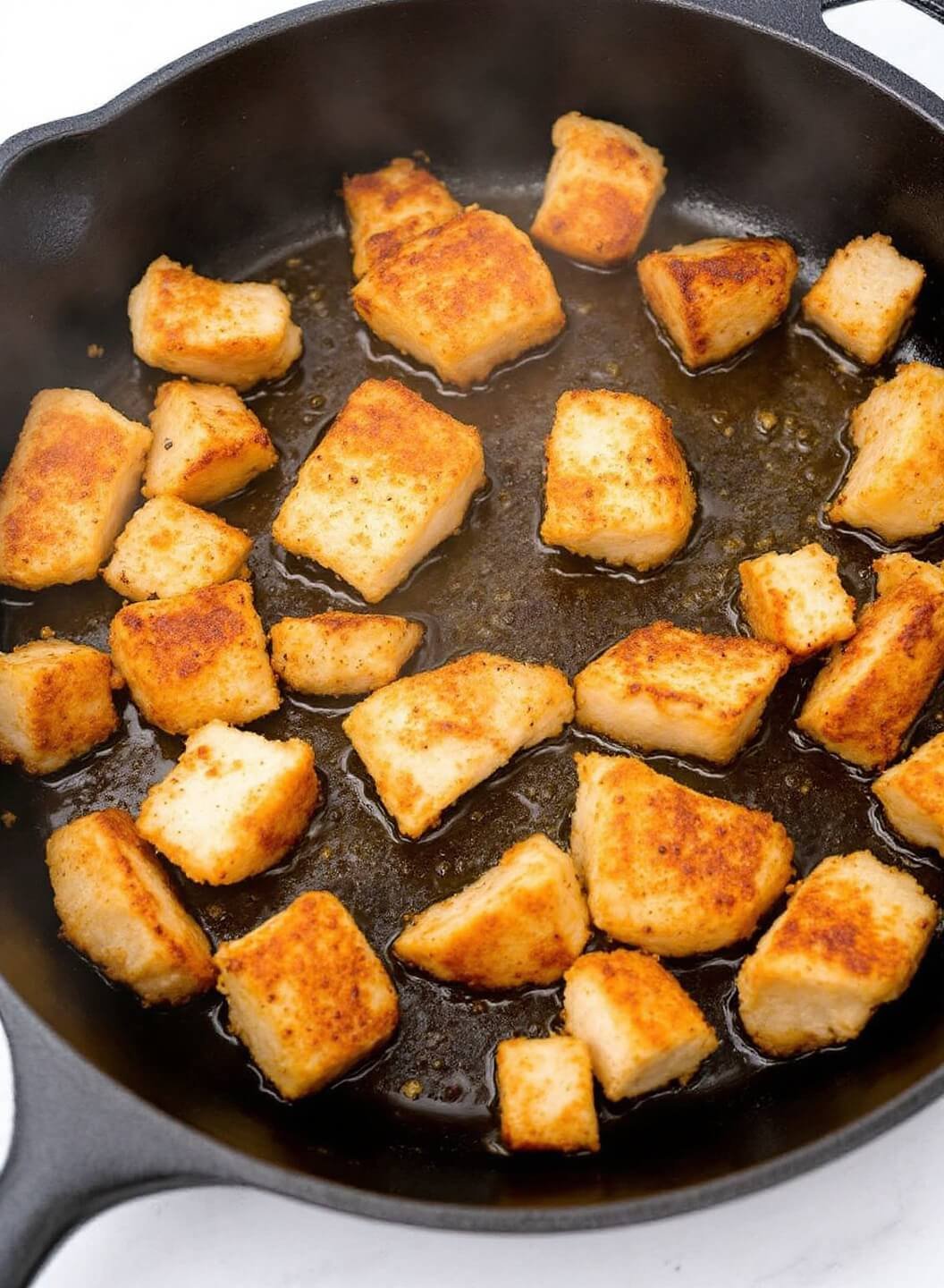 Spicy Keto Chicken Tikka Masala With Cauliflower Rice 5 Golden chicken cubes sizzling in a cast iron skillet with steam rising