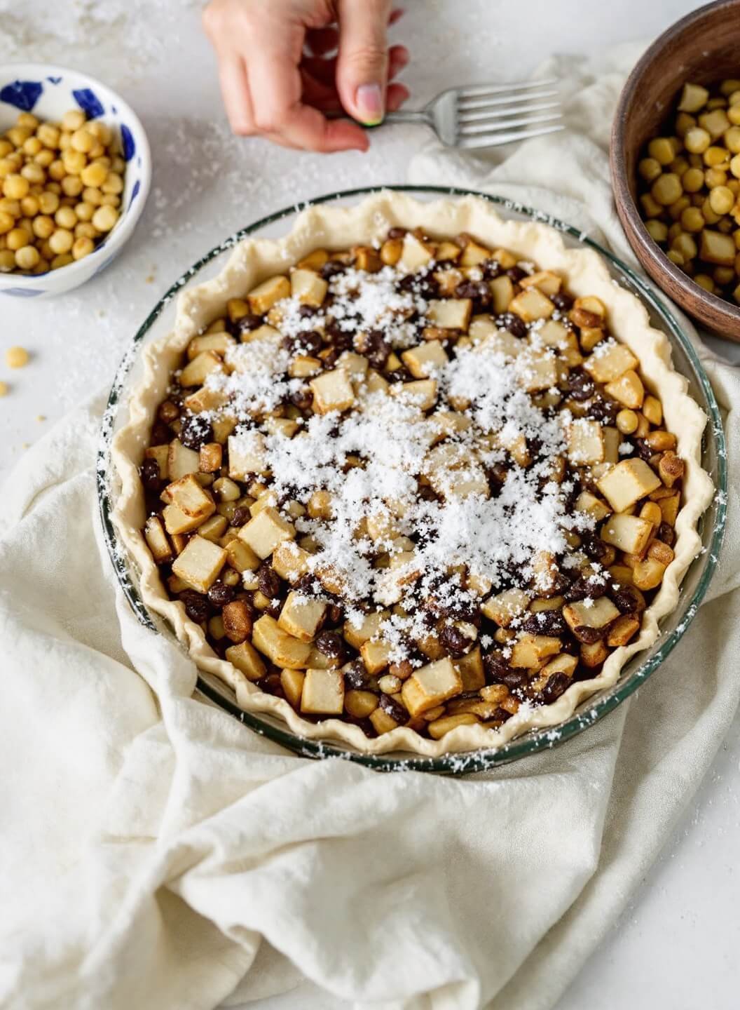 Keto Classic Apple Pie With Chayote Squash (Sugar-Free, Gluten-Free) 5 Golden filling pie with lattice crust assembly in a rustic dish
