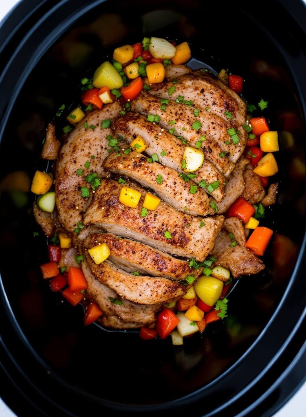 Slow-Cooked Pork Carnitas (Low-Carb) 4 Slow cooker filled with marinated pork, colorful vegetables and aromatic spices
