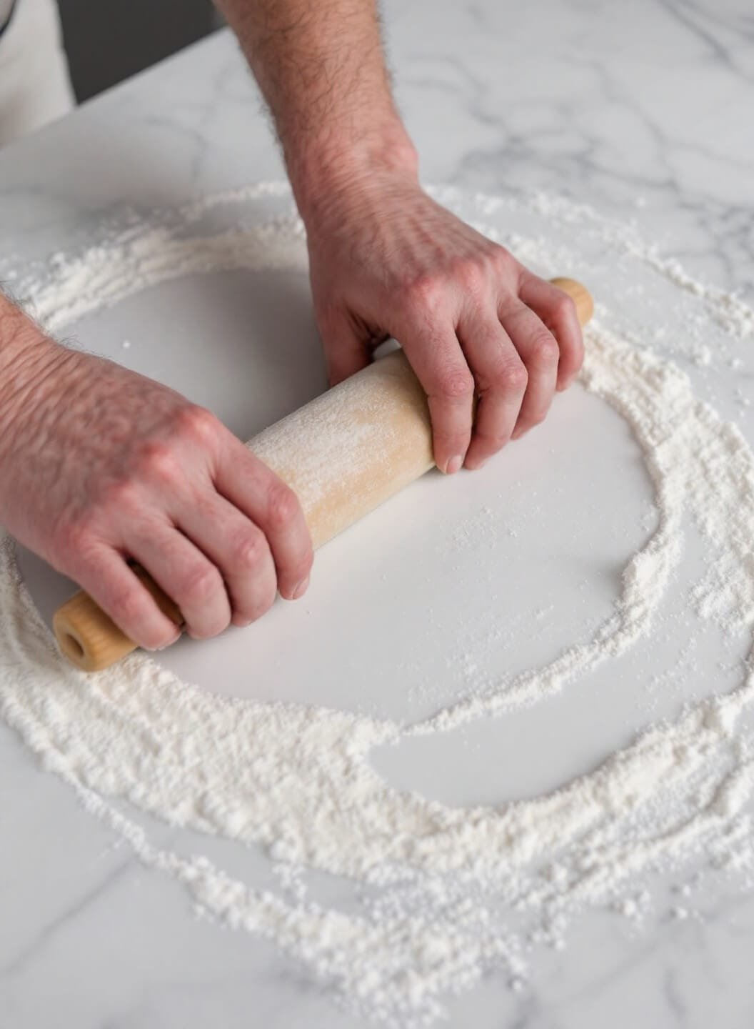 Low-Carb Beef Empanadas (Almond Flour Crust) 5 Person rolling dough between two sheets of parchment paper on a marble counter dusted with flour