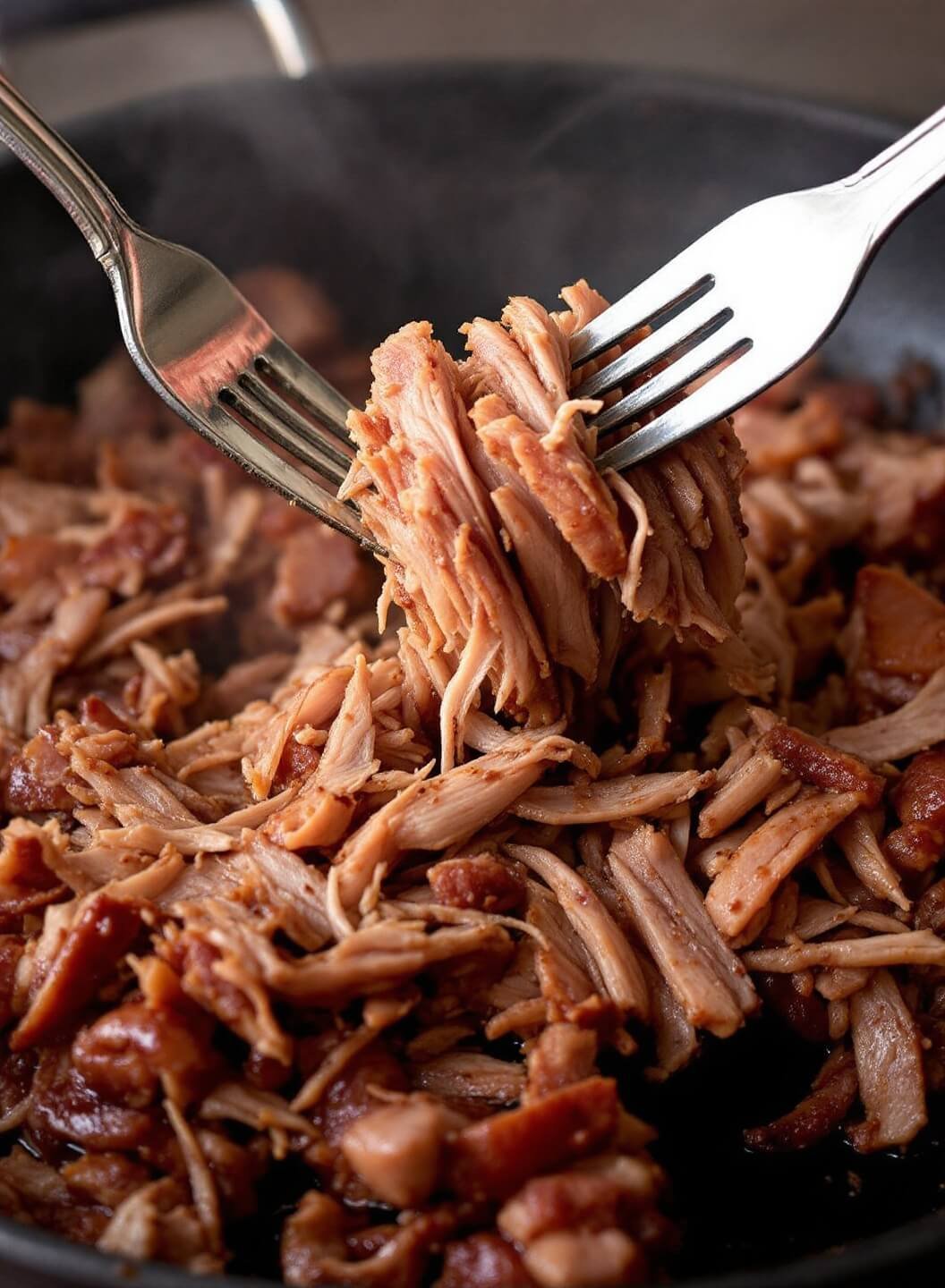 Slow-Cooked Pork Carnitas (Low-Carb) 5 Two forks pulling apart steaming tender shredded pork