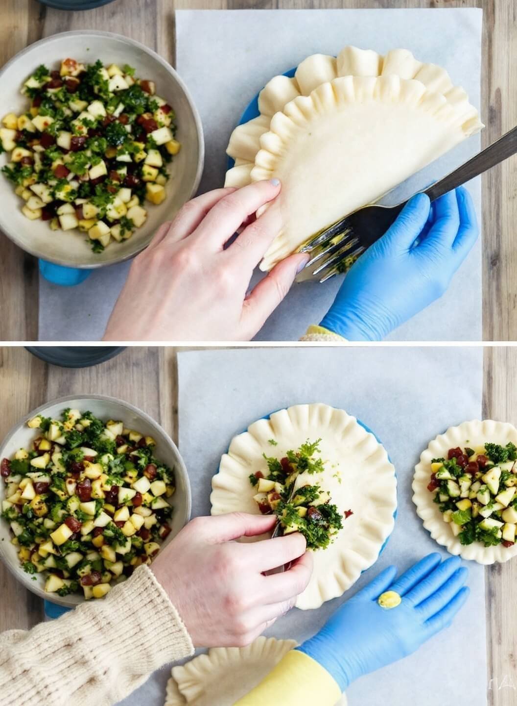 Low-Carb Beef Empanadas (Almond Flour Crust) 6 Preparing empanadas with crimped edges, fork marks, and visible filling