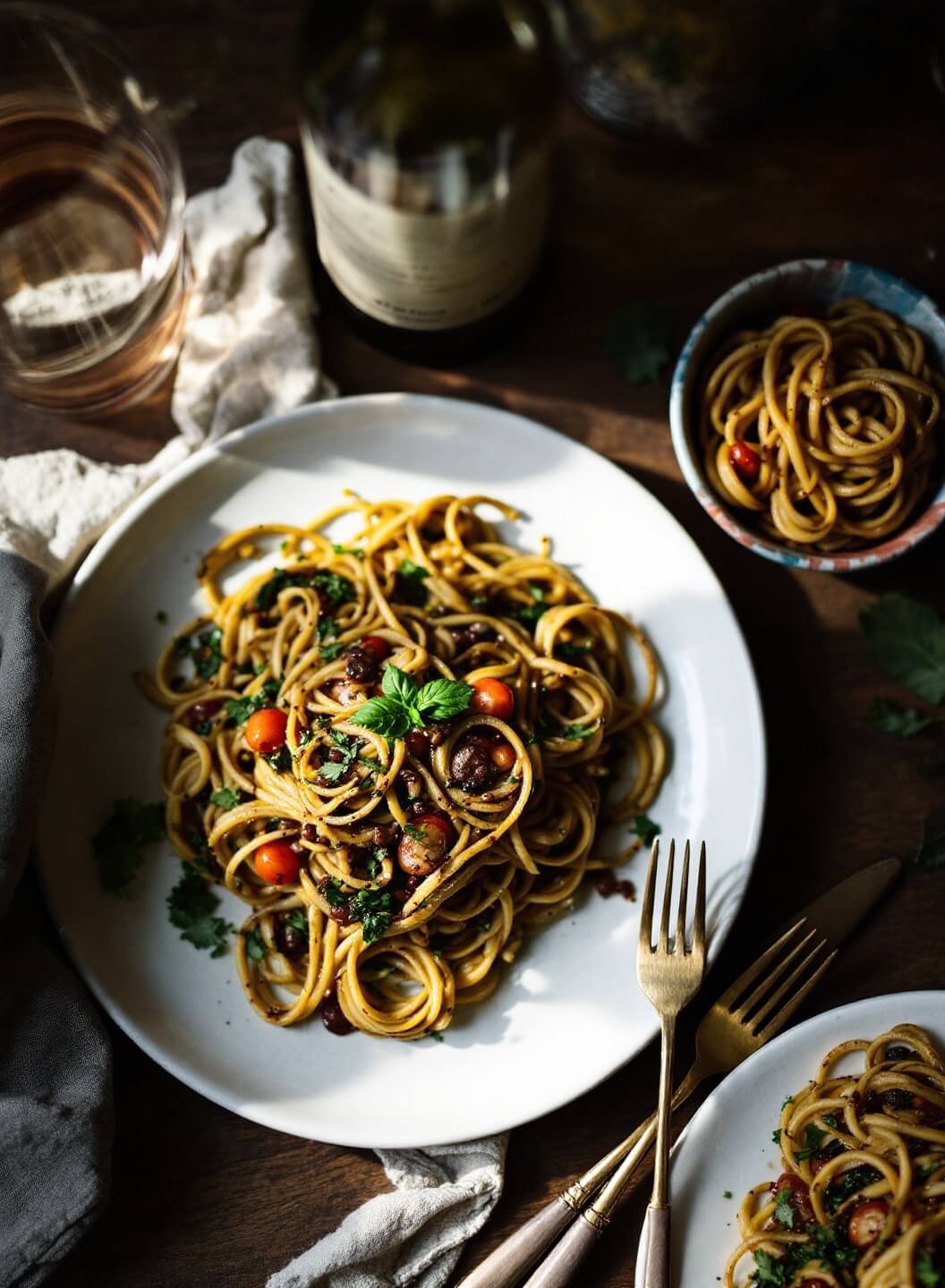 Creamy Keto Pesto Zucchini Noodles (Zoodles) 7 Final plated keto zoodles garnished with fresh basil on a rustic wooden table under moody lighting.