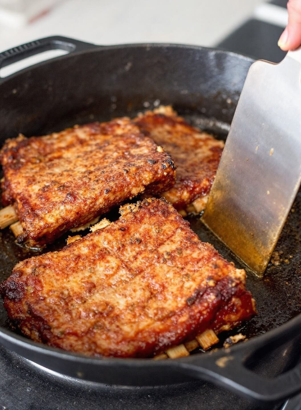 Sugar-Free Spicy Korean Bbq Ribs 5 Sizzling ribs with a golden crust searing in a dutch oven