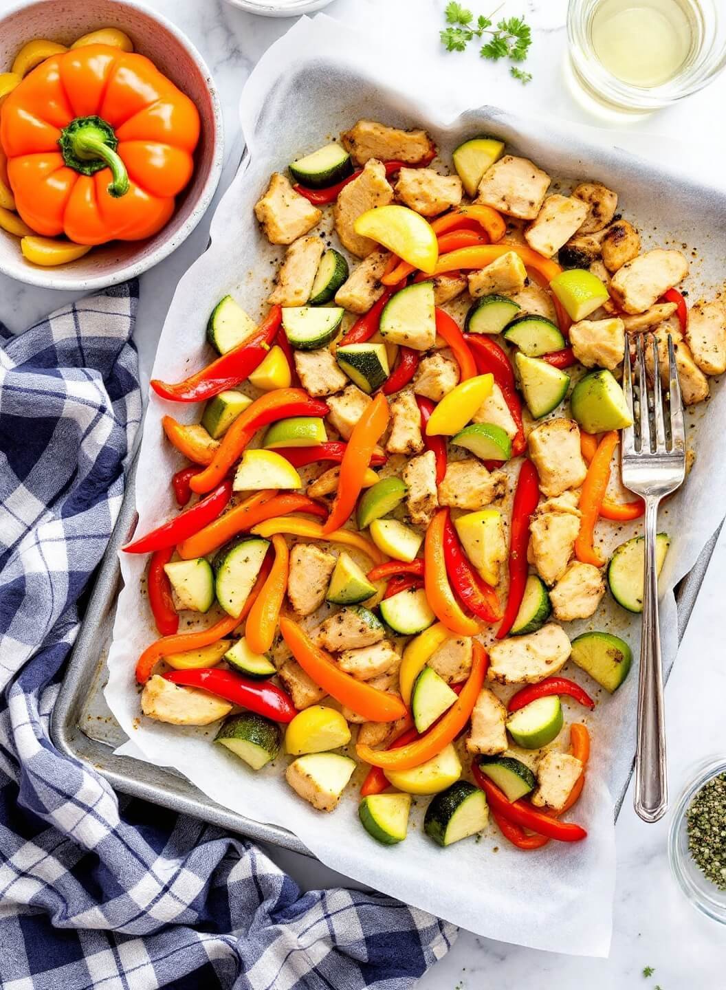 Easy Sheet Pan Chicken Fajitas - Keto &Amp; Low-Carb Friendly 5 Marinated chicken strips and rainbow peppers arranged on a sheet pan