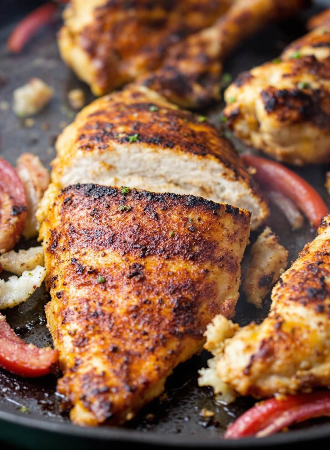 Easy Sheet Pan Chicken Fajitas - Keto &Amp; Low-Carb Friendly 6 Golden brown chicken fajitas with charred edges sizzling on a platter with steam rising