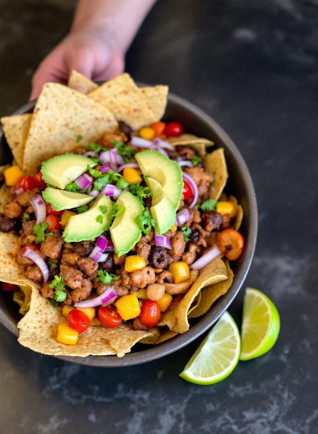Easy Sheet Pan Chicken Fajitas - Keto &Amp; Low-Carb Friendly 7 Plated fajita bowl with avocado garnish and lime wedges in a professional presentation