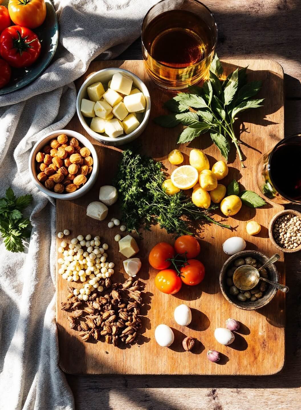 Fresh Keto Gazpacho (Low-Carb Cold Soup) 3 Fresh ingredients scattered on a rustic wooden board in morning light