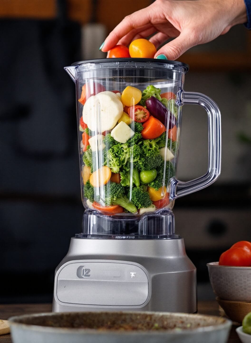 Fresh Keto Gazpacho (Low-Carb Cold Soup) 4 Blender filled with vibrant fresh vegetables in mid-blend