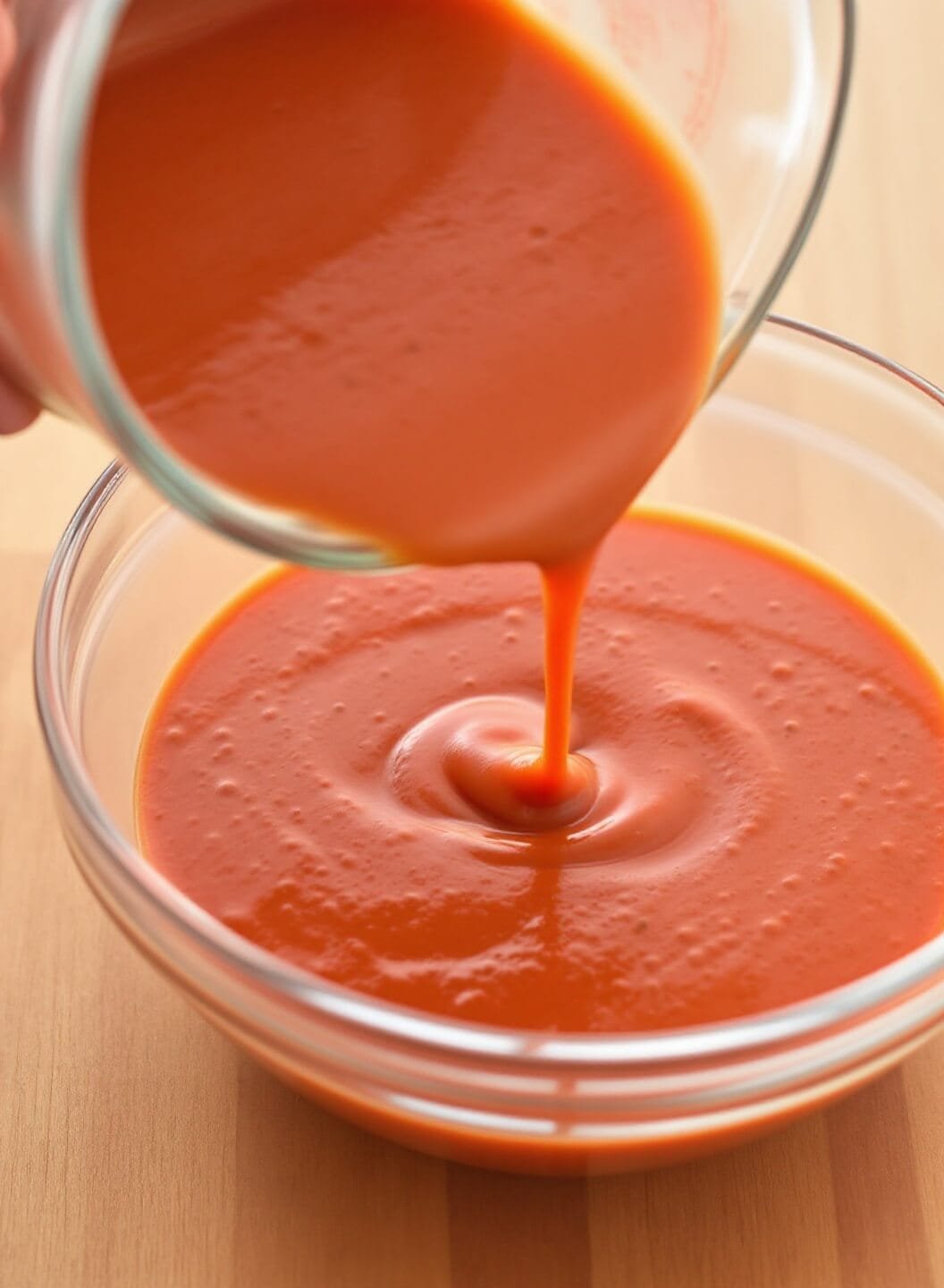 Fresh Keto Gazpacho (Low-Carb Cold Soup) 5 Smooth gazpacho soup being poured into a clear glass bowl