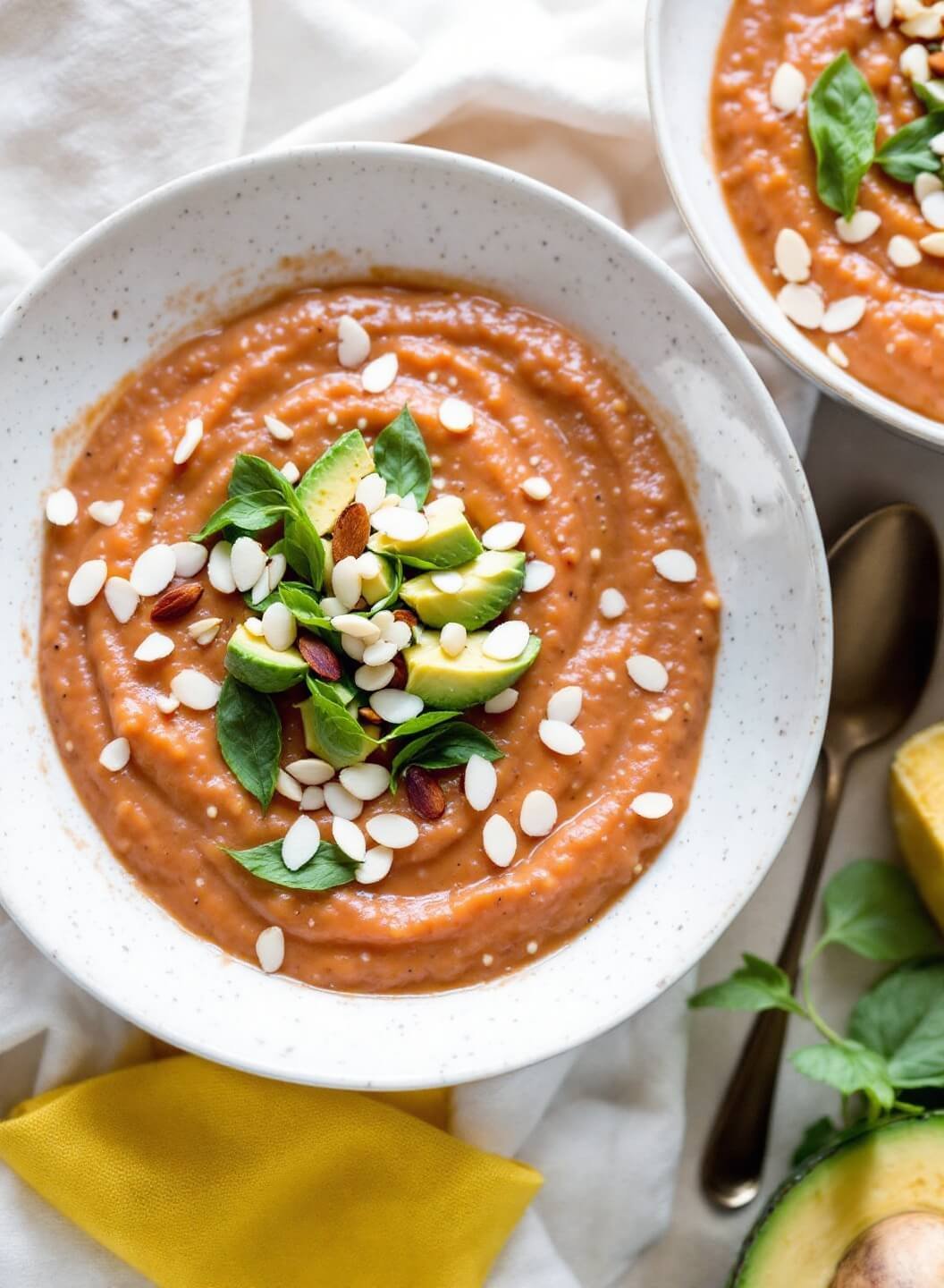 Fresh Keto Gazpacho (Low-Carb Cold Soup) 6 Chilled gazpacho soup garnished with basil, avocado, and almonds