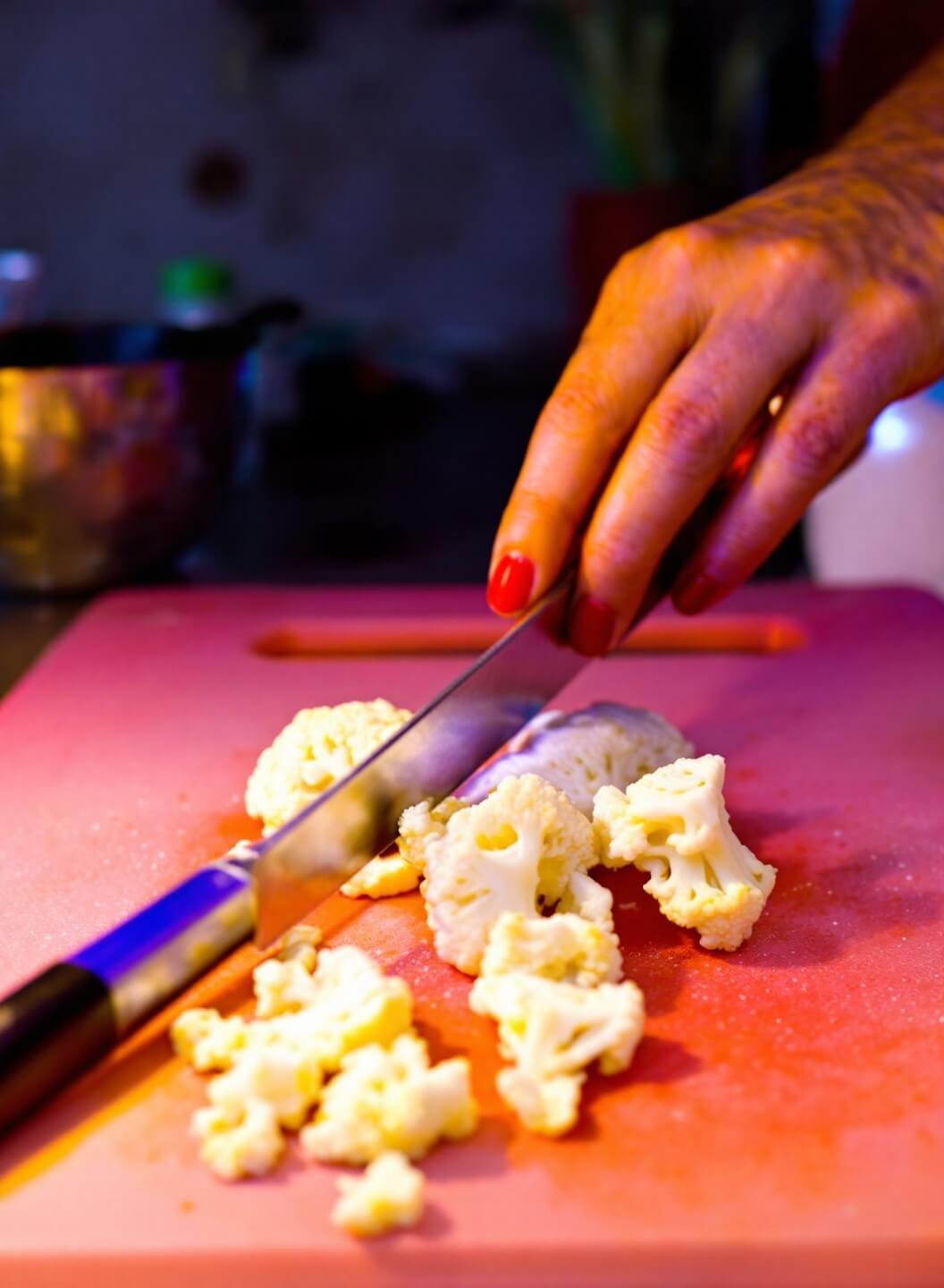 Crispy Garlic Parmesan Cauliflower Fries 3 Person preparing raw cauliflower on a cutting board with a sharp knife, cutting them into uniform shapes under bright kitchen lighting