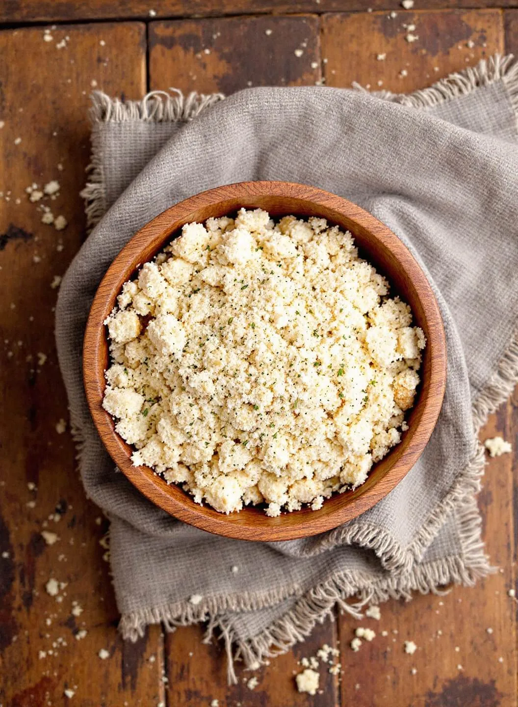 Crispy Garlic Parmesan Cauliflower Fries 4 Overhead shot of seasoned breadcrumb mixture with parmesan and herbs in a wooden bowl on a rustic table.