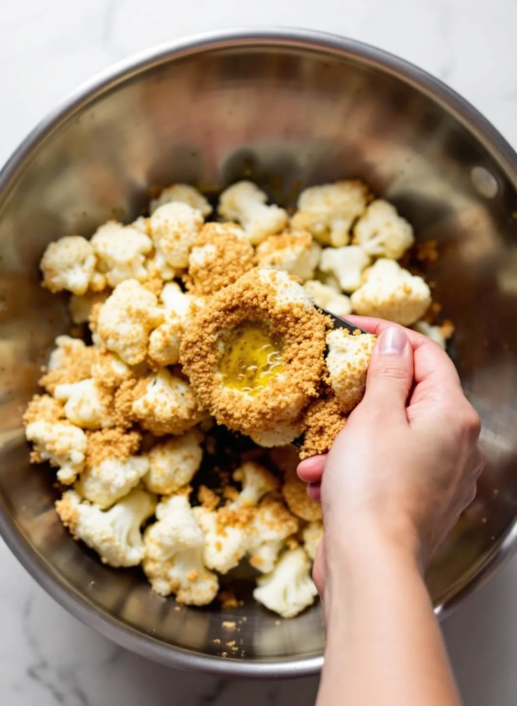 Crispy Garlic Parmesan Cauliflower Fries 5 Hands dipping cauliflower in olive oil and breadcrumbs during a coating process, action shot