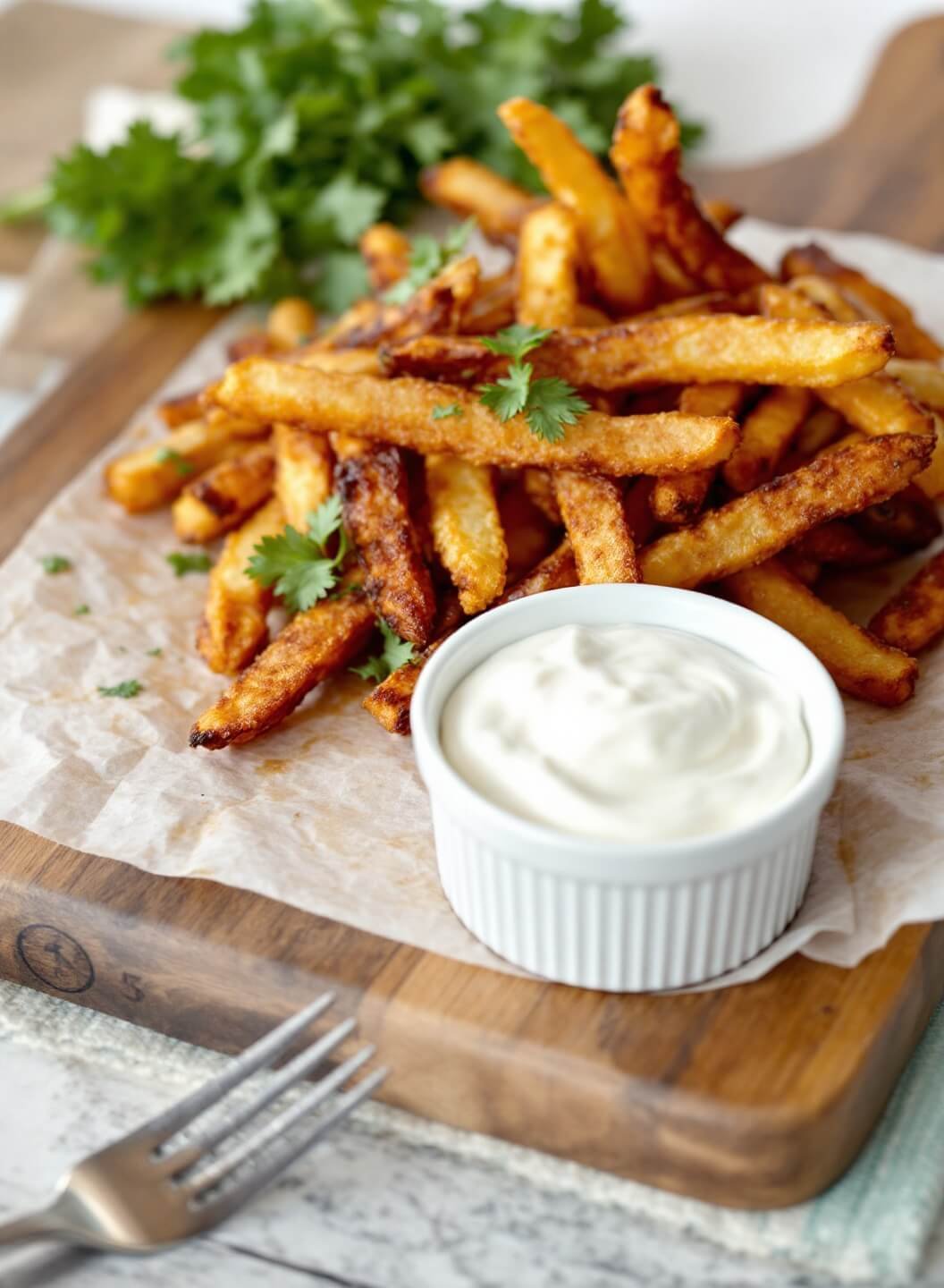 Crispy Garlic Parmesan Cauliflower Fries 7 Golden brown crispy fries garnished with parsley on a rustic wooden board with steam rising