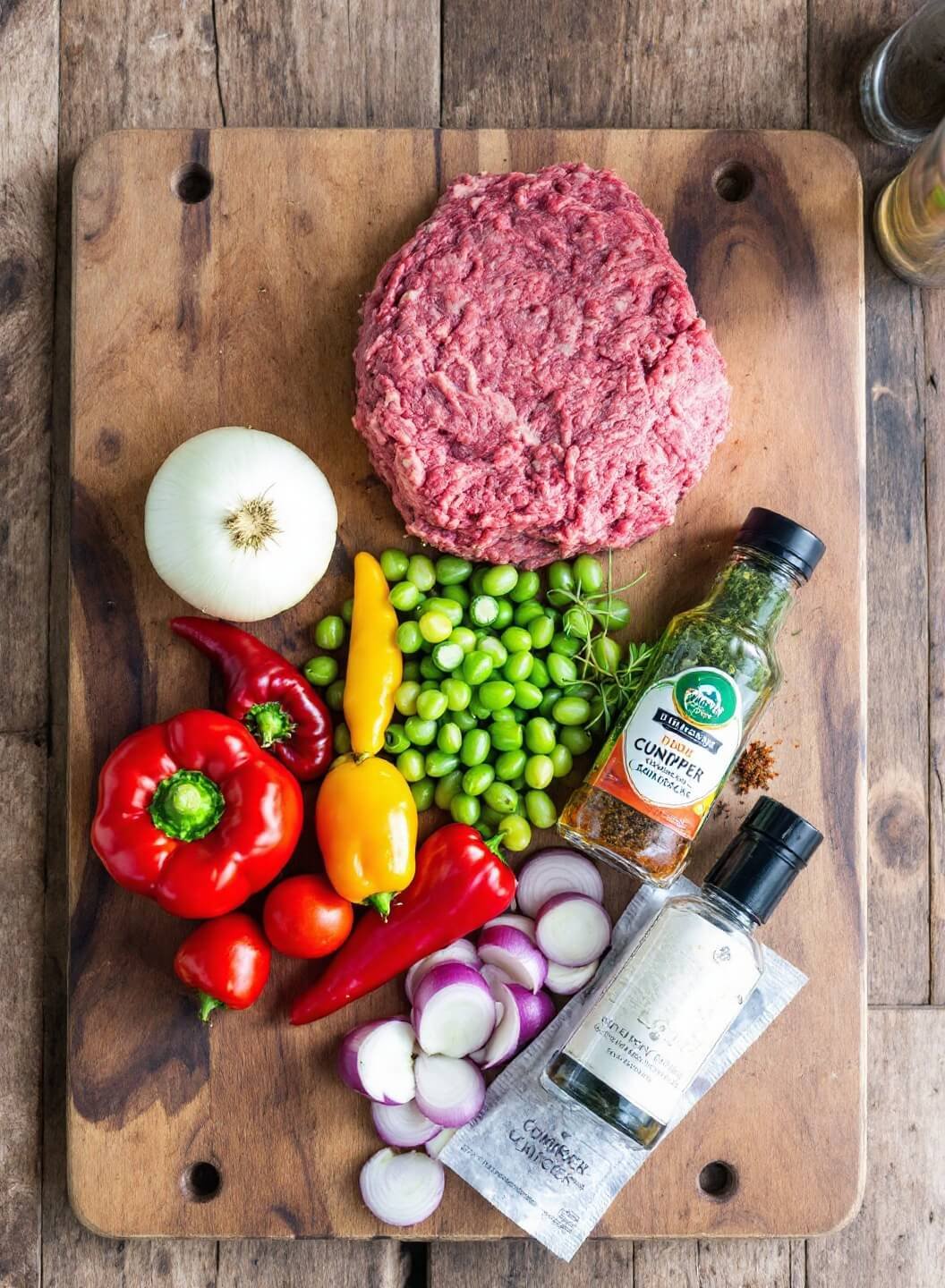 Keto Beef Chili (No Beans) 3 Fresh ground beef, colorful peppers, onions, and spices arranged on a rustic wooden board