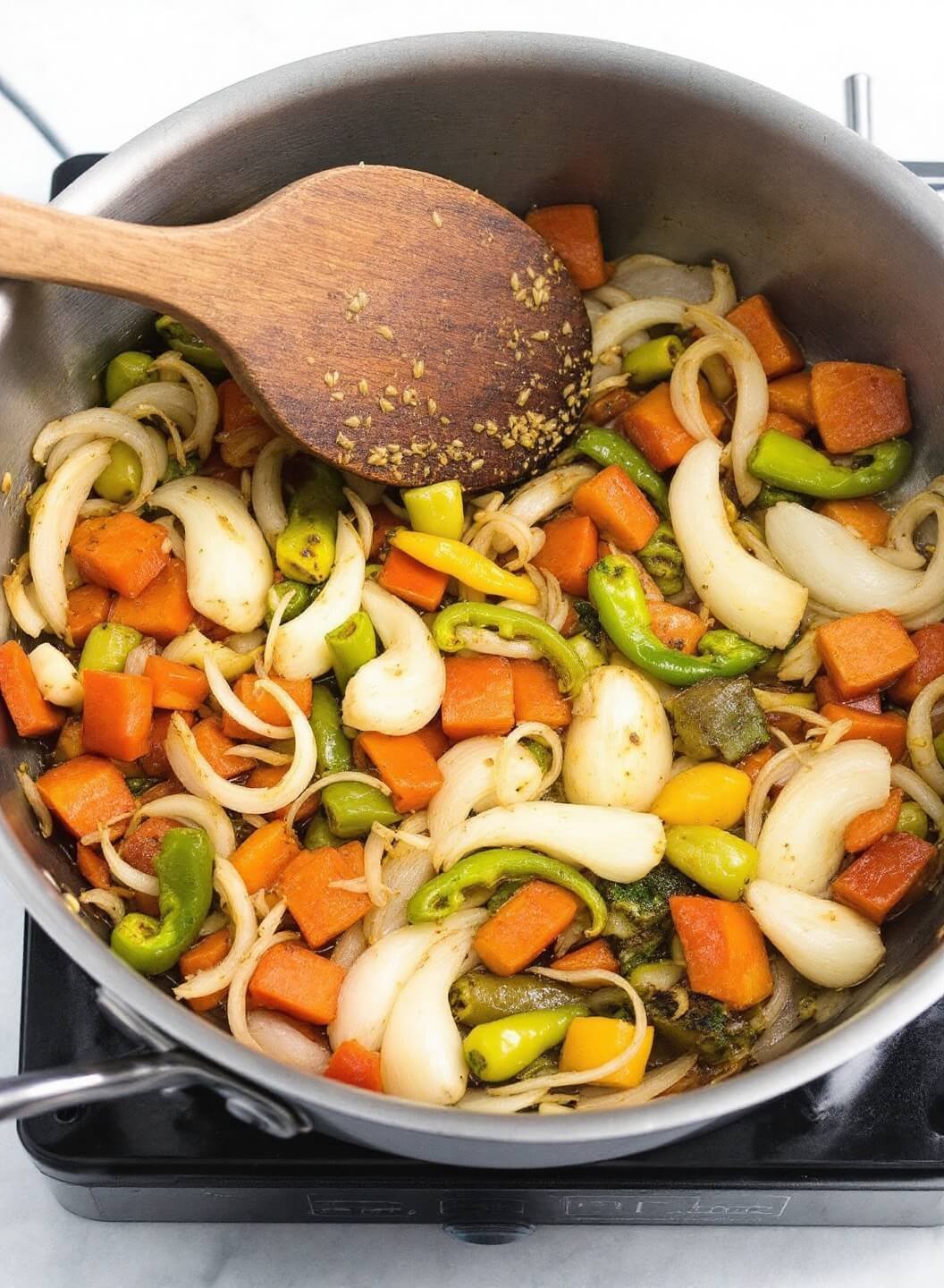 Keto Beef Chili (No Beans) 5 Sautéed vegetables with caramelized onions, peppers, and garlic in a sizzling pot