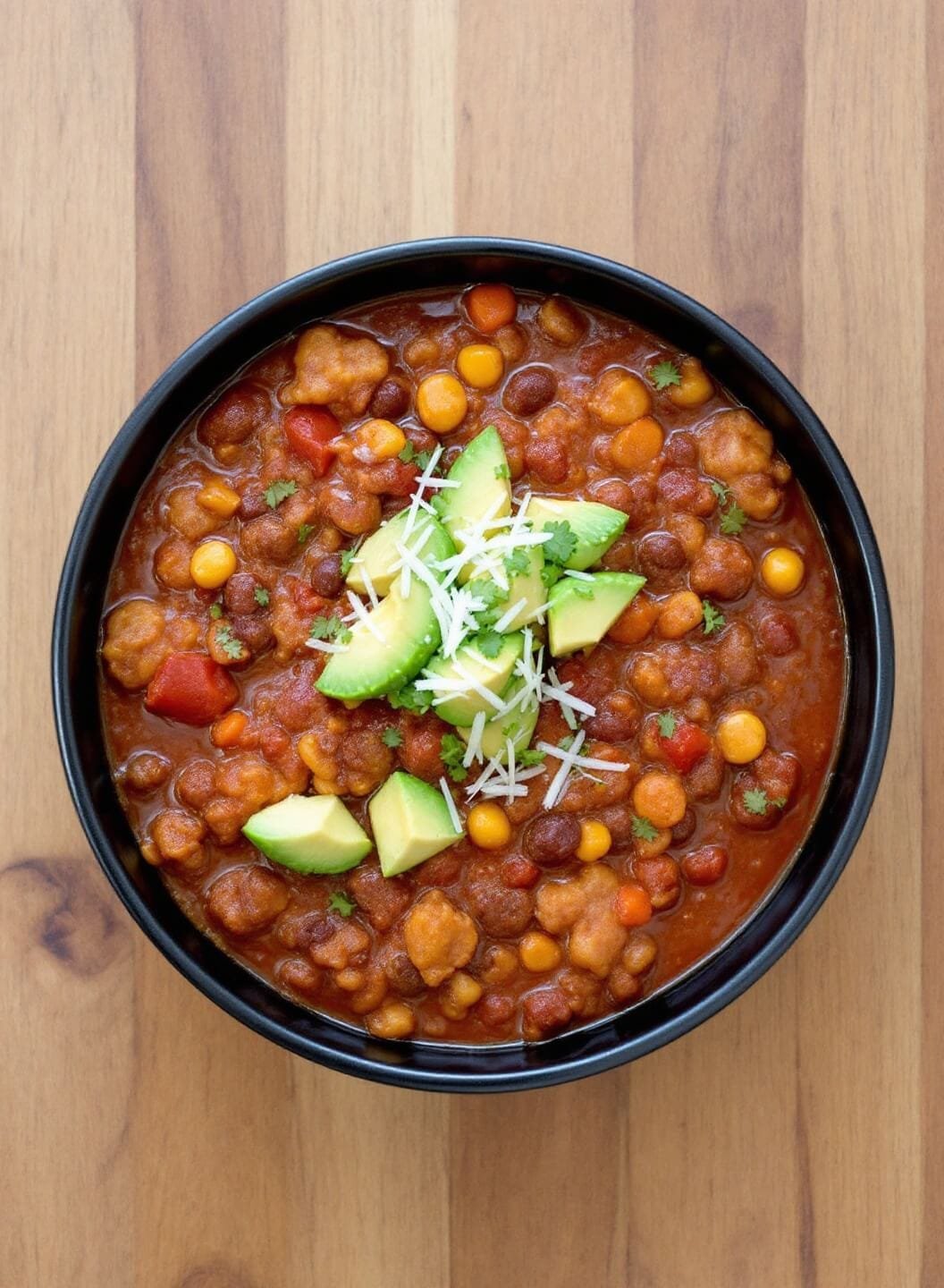 Keto Beef Chili (No Beans) 7 Hearty keto chili garnished with avocado served in a black bowl