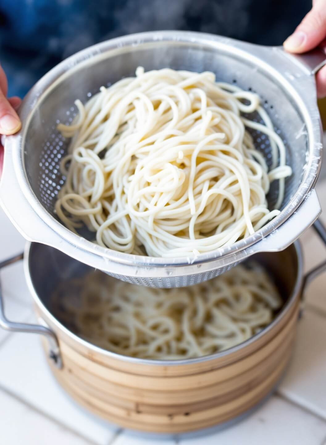 Homemade Low-Carb Chicken Noodle Soup With Shirataki/Zoodles 3 Shirataki noodles steaming in a colander