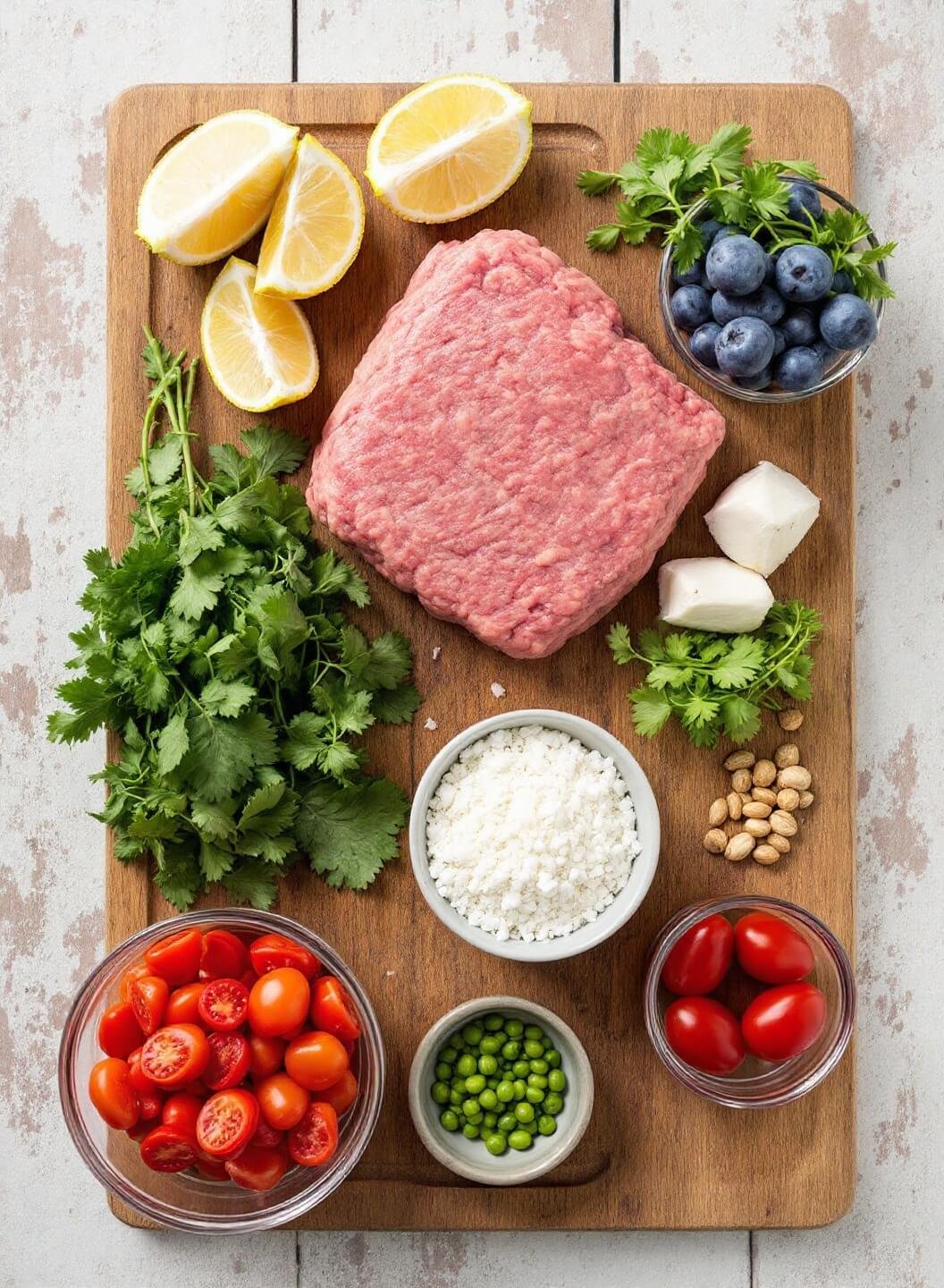 Juicy Keto Meatball Sub With Fathead Dough Bun 3 Raw meatball ingredients neatly arranged on a rustic wooden board