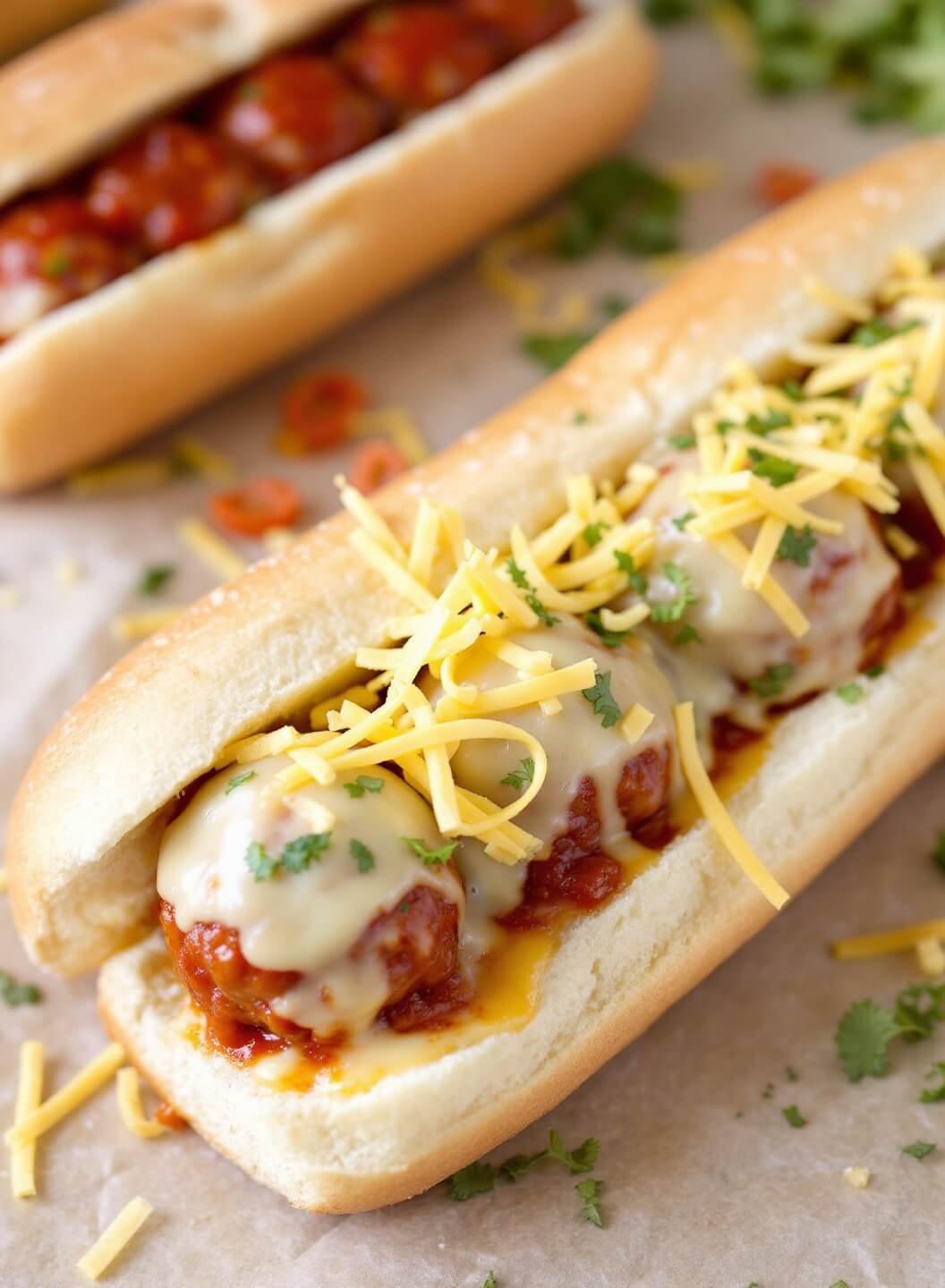 Juicy Keto Meatball Sub With Fathead Dough Bun 7 Meatball sub with melted cheese and dripping sauce