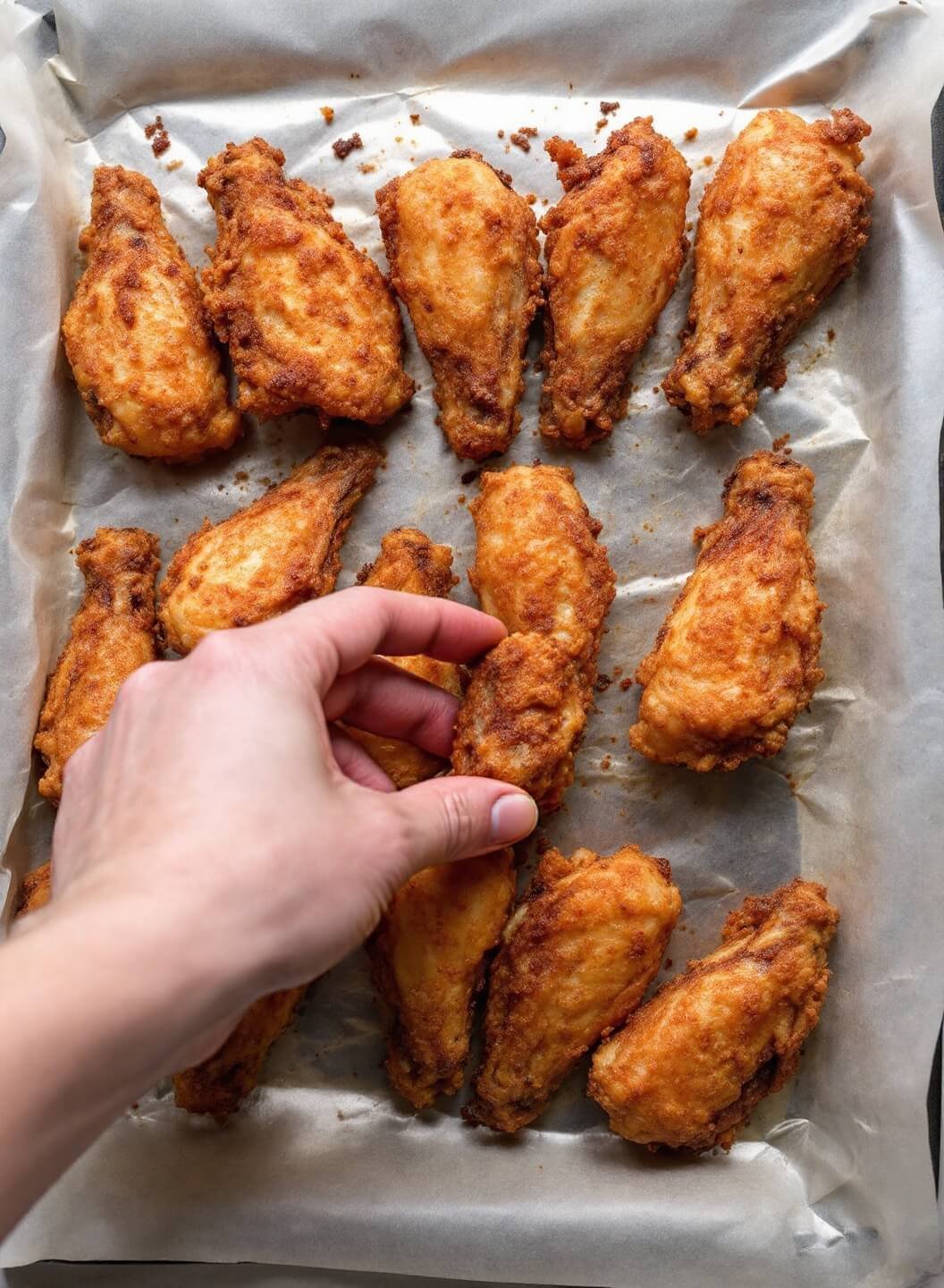 Crispy Baked Buffalo Wings (No Breading) - Restaurant-Style Results At Home 5 Person removing golden crispy wings from the oven