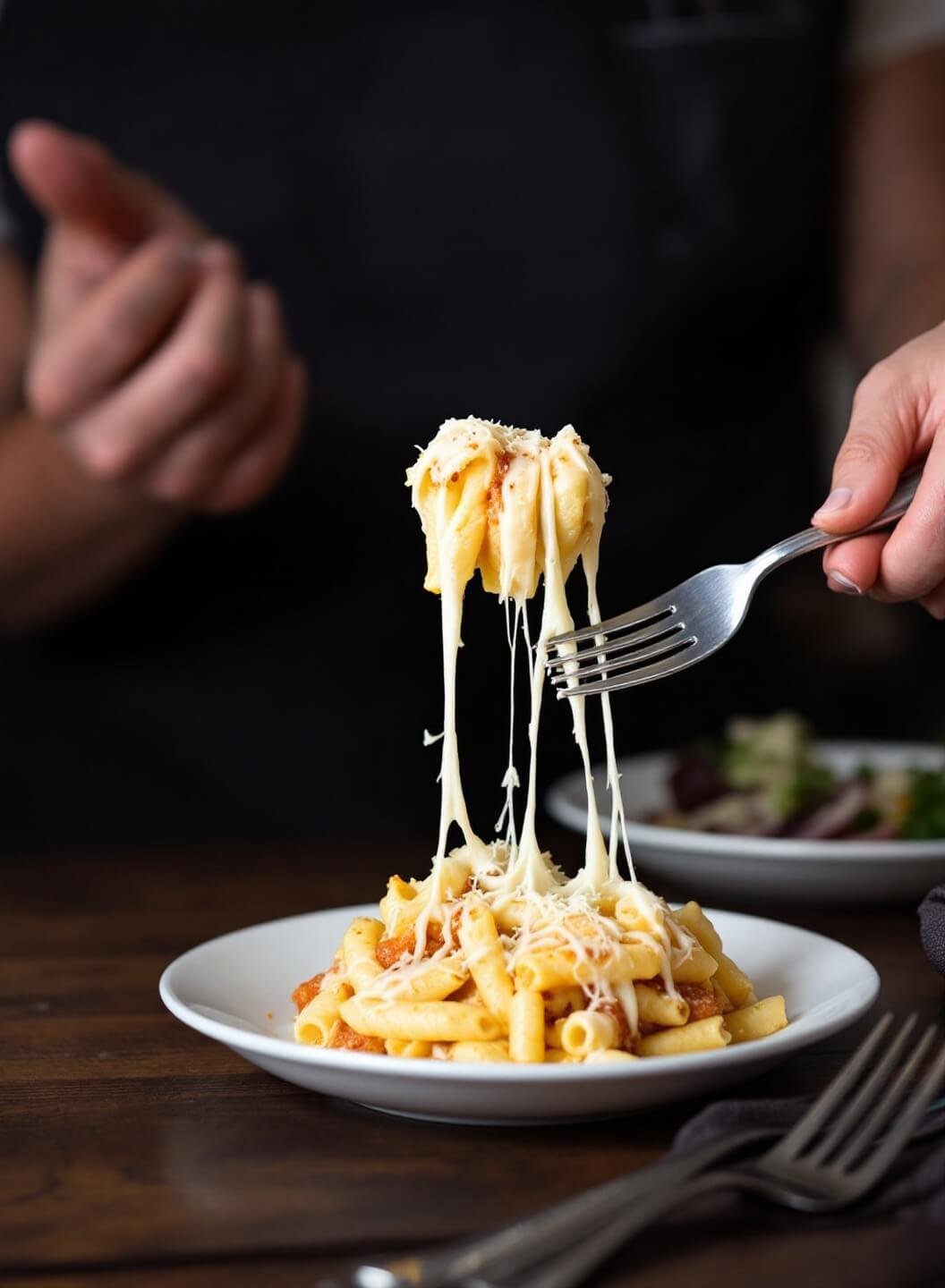 Baked Ziti With Cauliflower &Amp; Three Cheeses 7 Served portion of baked ziti with steam rising and a fork pulling a stretch of cheese
