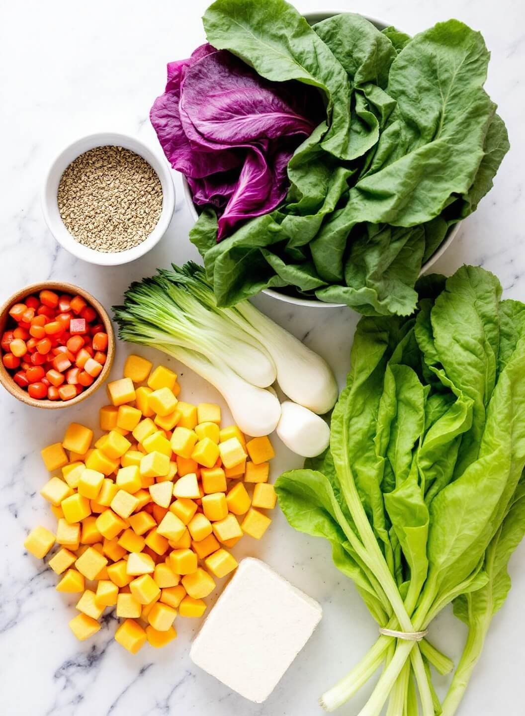 Vegan Keto Buddha Bowl - A Vibrant Low-Carb Plant-Based Feast 3 Overhead view of fresh vegetables, tofu, and seeds displayed on a marble counter.