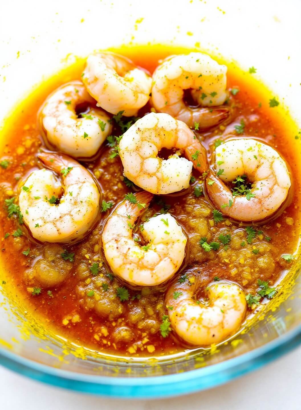 Spicy Shrimp Tacos (With Coconut Flour Tortillas Or Lettuce Wraps) 3 Raw shrimp marinating in lime and spices in a glass bowl