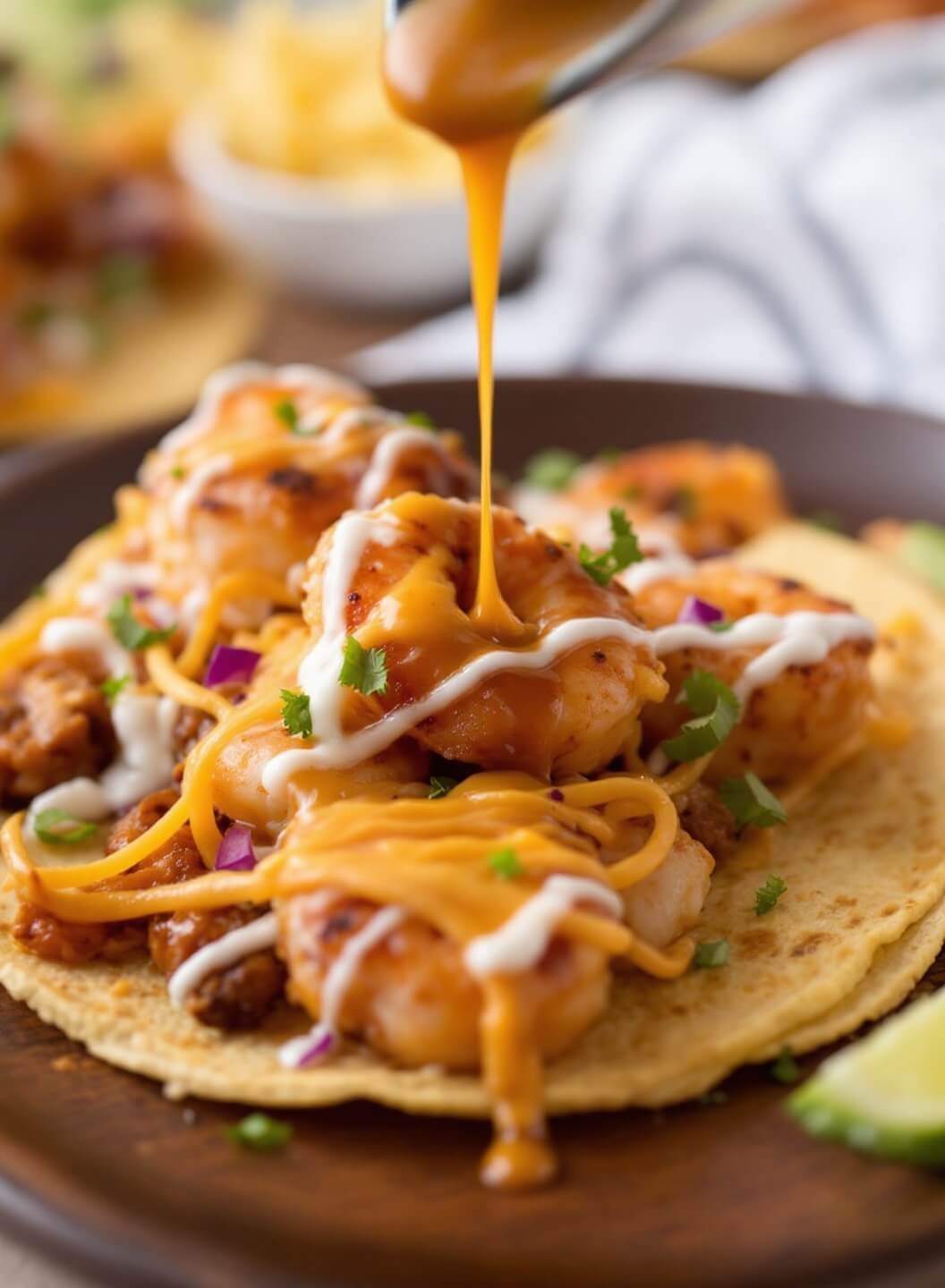 Spicy Shrimp Tacos (With Coconut Flour Tortillas Or Lettuce Wraps) 7 Close-up view of a freshly assembled shrimp taco with garnish, dripping with sauce