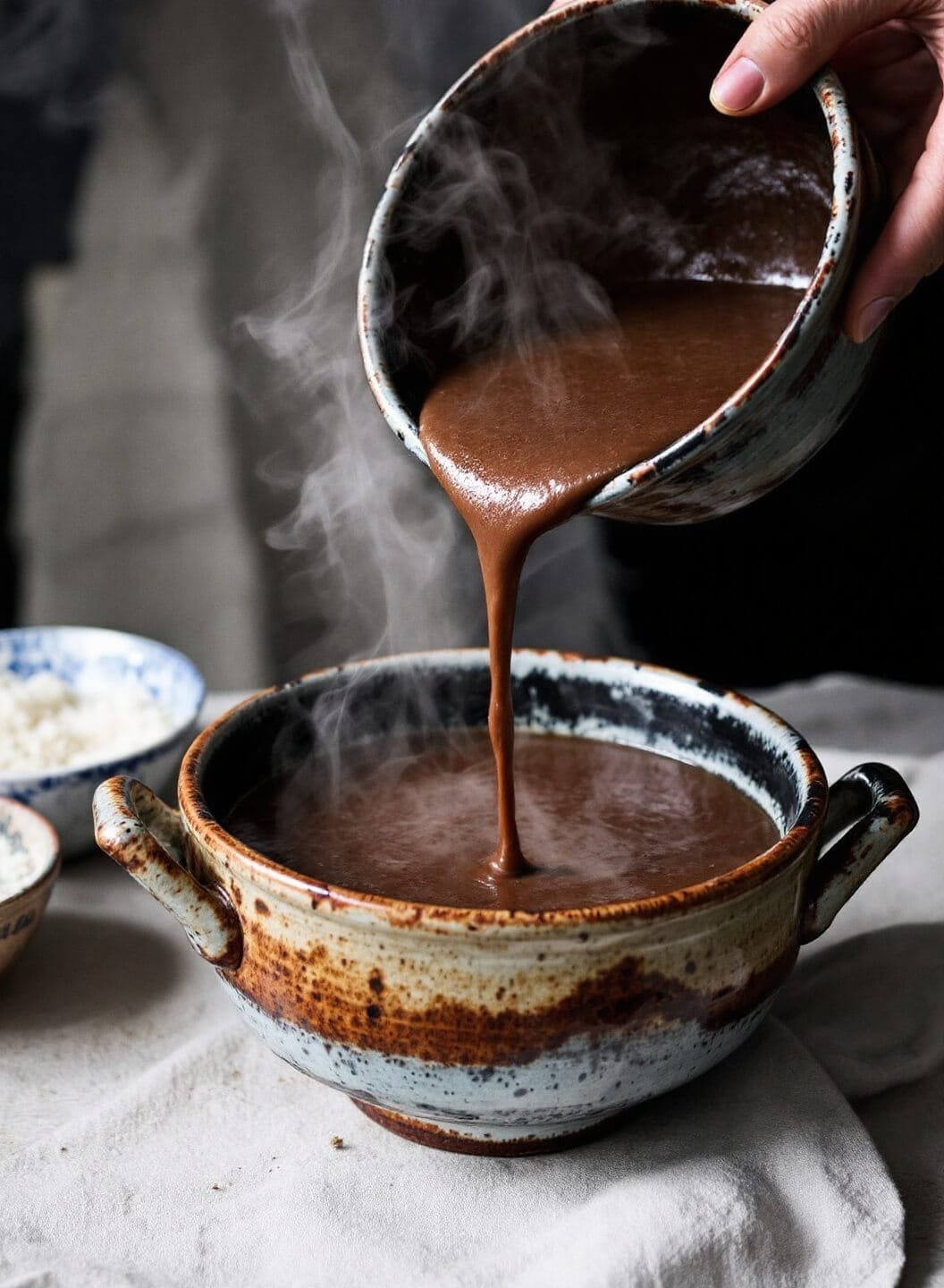Classic French Onion Soup (Without Bread) 6 Ladling steaming rich brown soup into rustic ceramic bowls