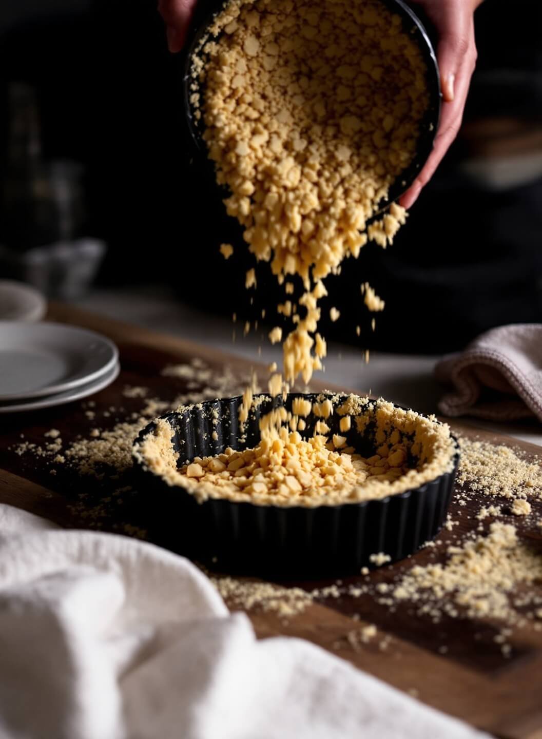 Keto New York Cheesecake With Almond Flour Crust 3 Almond crust preparation where golden butter crumbs are being pressed into a springform pan under warm kitchen lighting