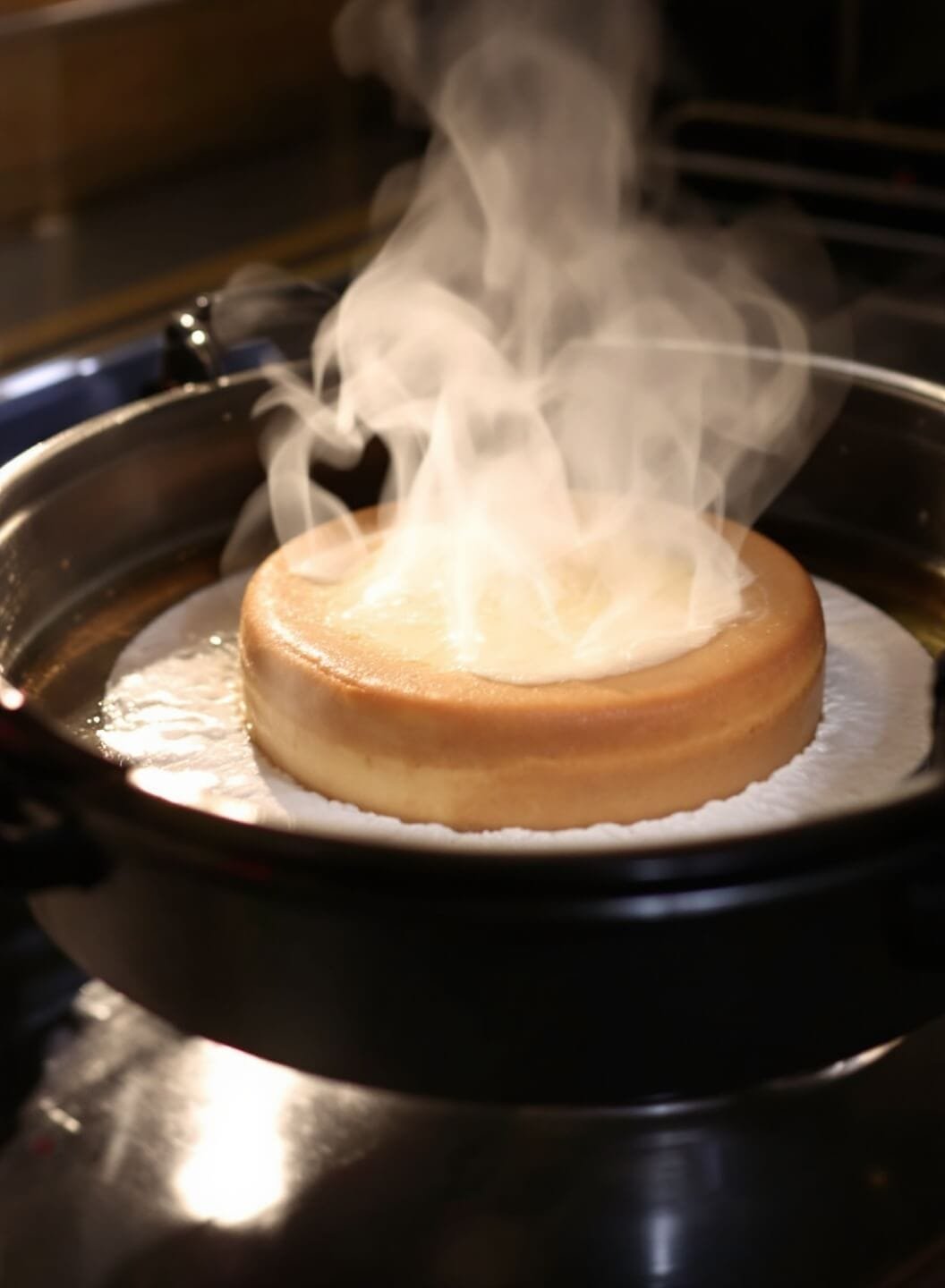 Keto New York Cheesecake With Almond Flour Crust 6 Cheesecake baking in a professional oven with steam rising from a water bath, showcasing a golden top and a slight jiggle