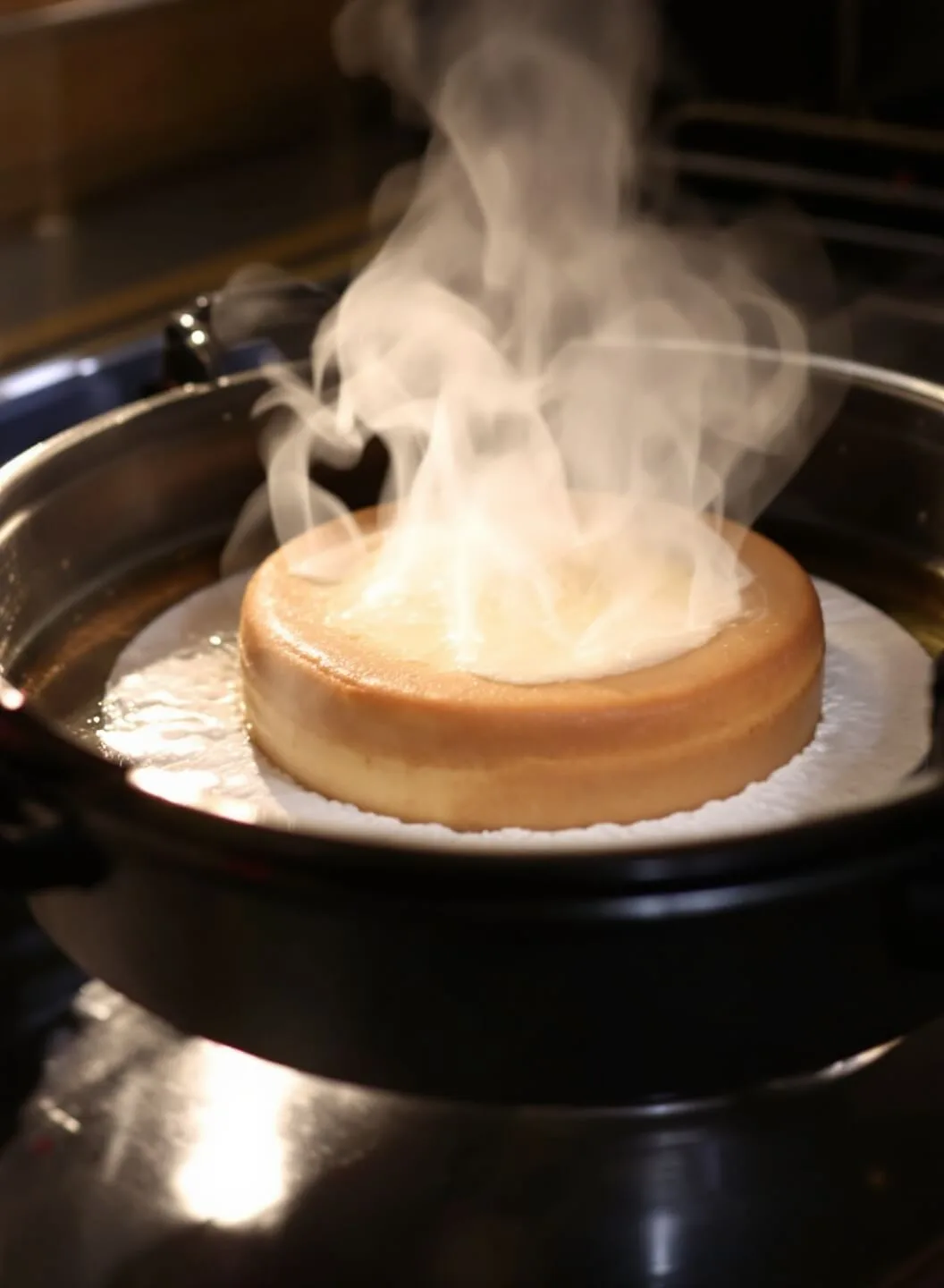 Keto New York Cheesecake With Almond Flour Crust 6 Cheesecake baking in a professional oven with steam rising from a water bath, showcasing a golden top and a slight jiggle