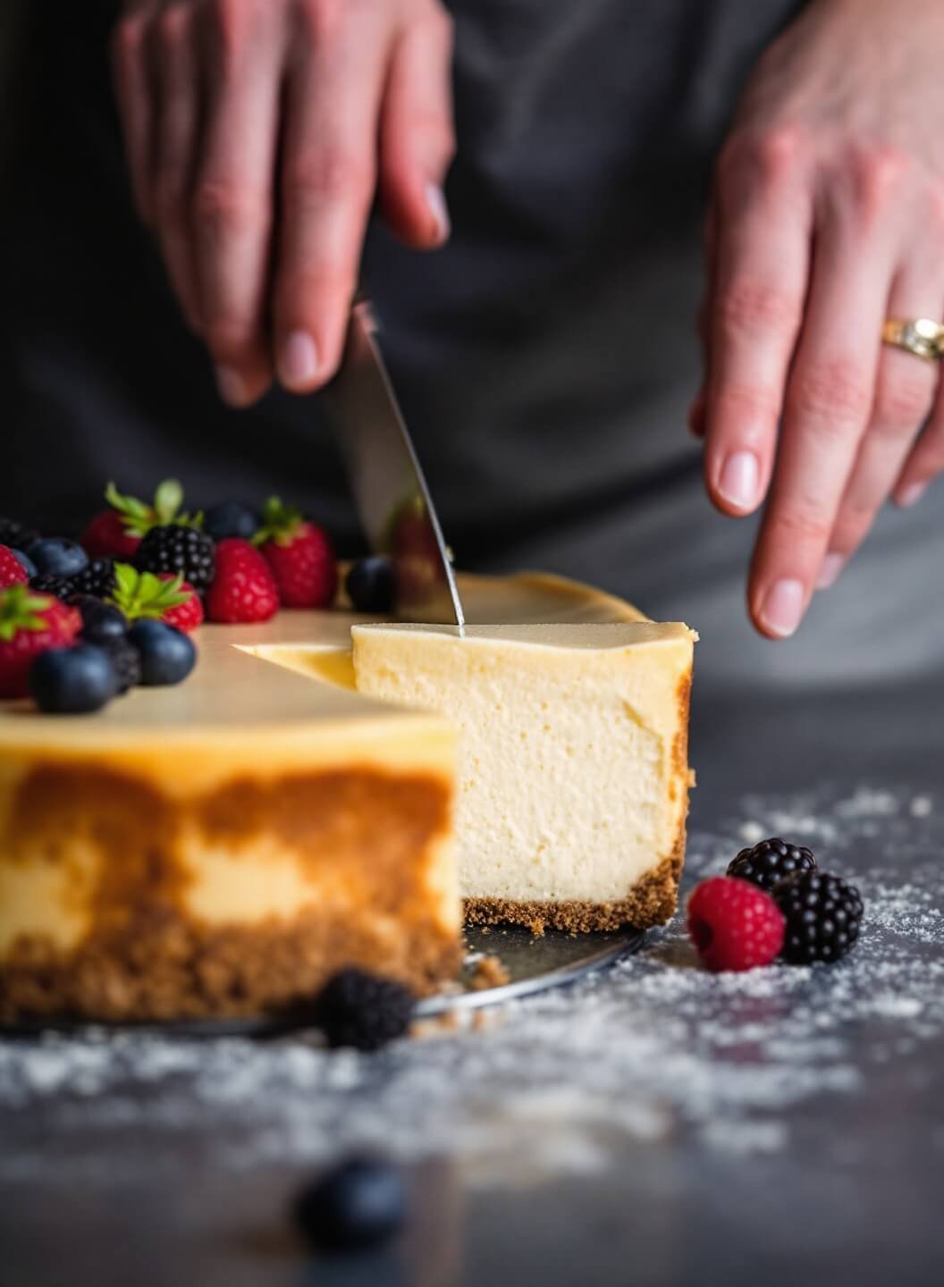 Keto New York Cheesecake With Almond Flour Crust 7 A slice of creamy chilled cheesecake being cut, garnished with fresh berries under dramatic lighting.