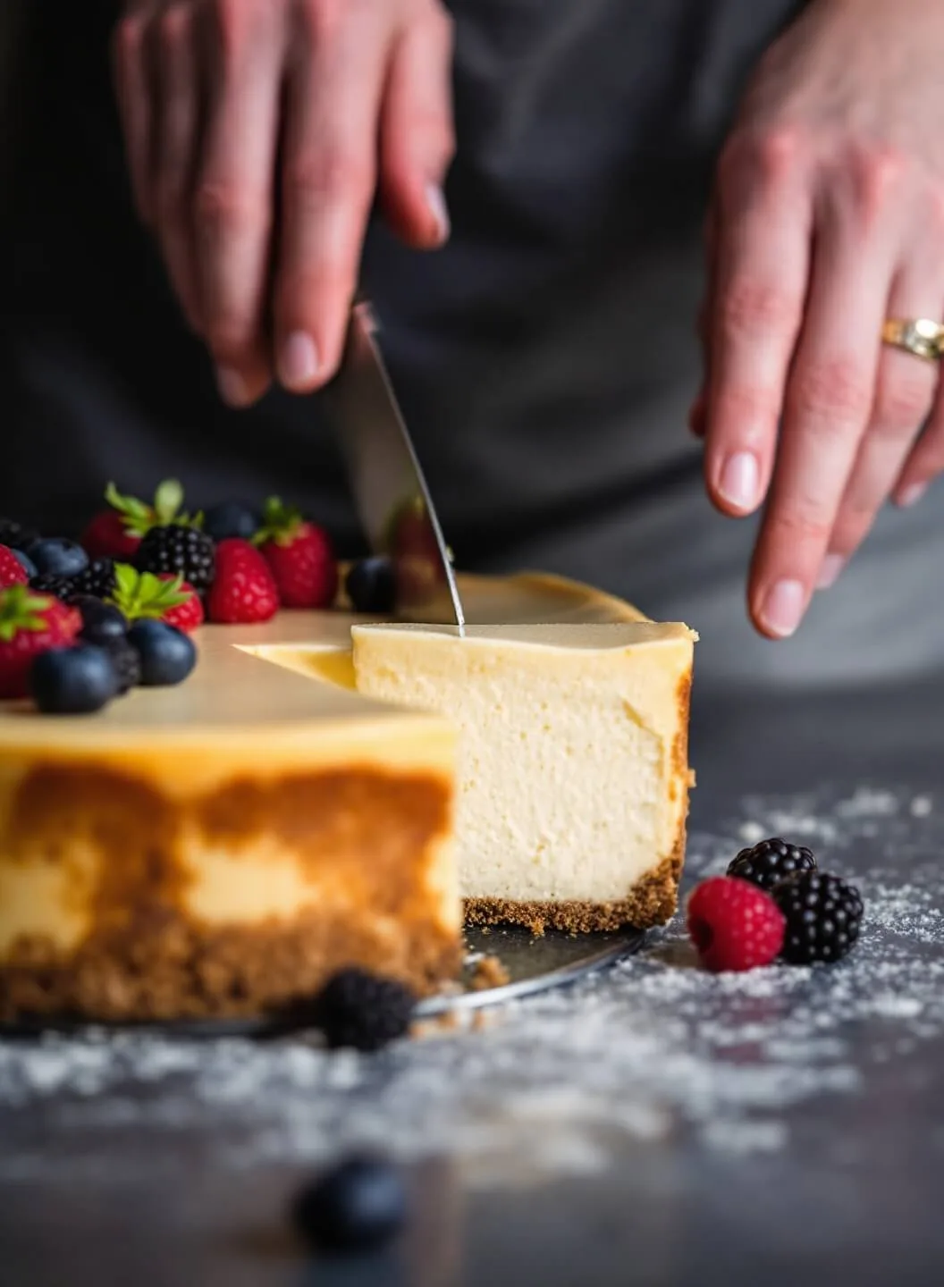 Keto New York Cheesecake With Almond Flour Crust 7 A slice of creamy chilled cheesecake being cut, garnished with fresh berries under dramatic lighting.