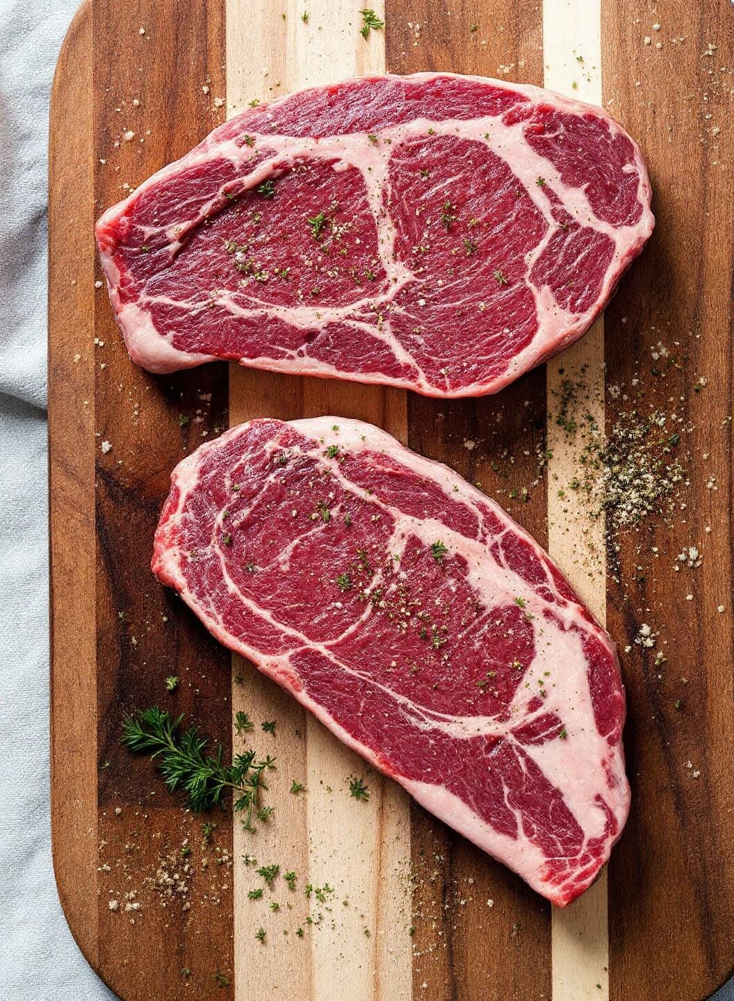 Perfect Pan-Seared Ribeye With Garlic Butter 3 Raw ribeye steaks on a wooden board with seasonings and fresh herbs scattered around.