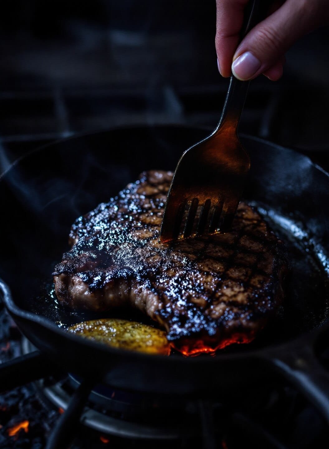 Perfect Pan-Seared Ribeye With Garlic Butter 4 Searing steak on a smoking hot cast iron skillet surrounded by intense flames