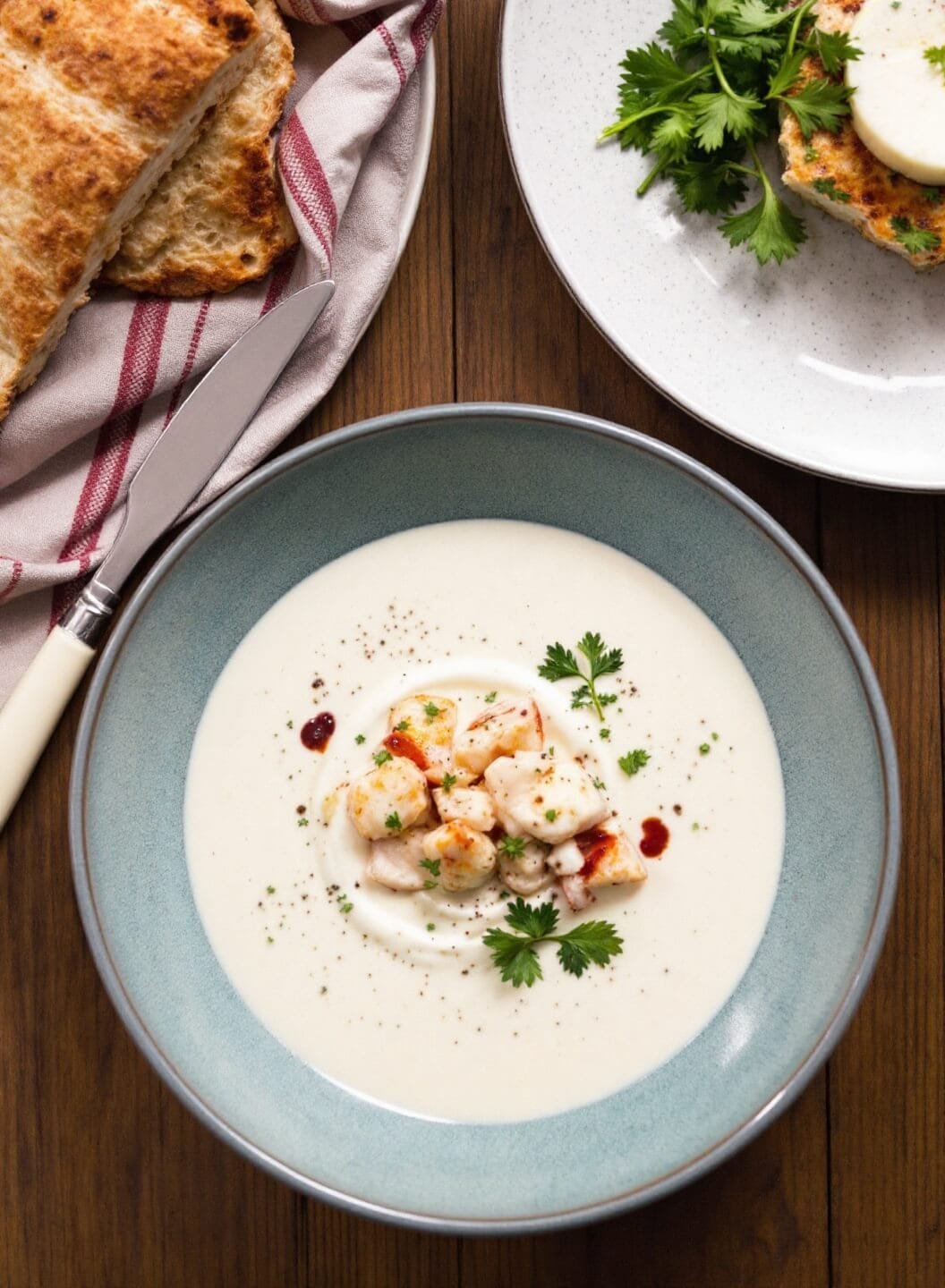 Creamy Keto Lobster Bisque 7 Bowl of finished lobster bisque garnished elegantly.