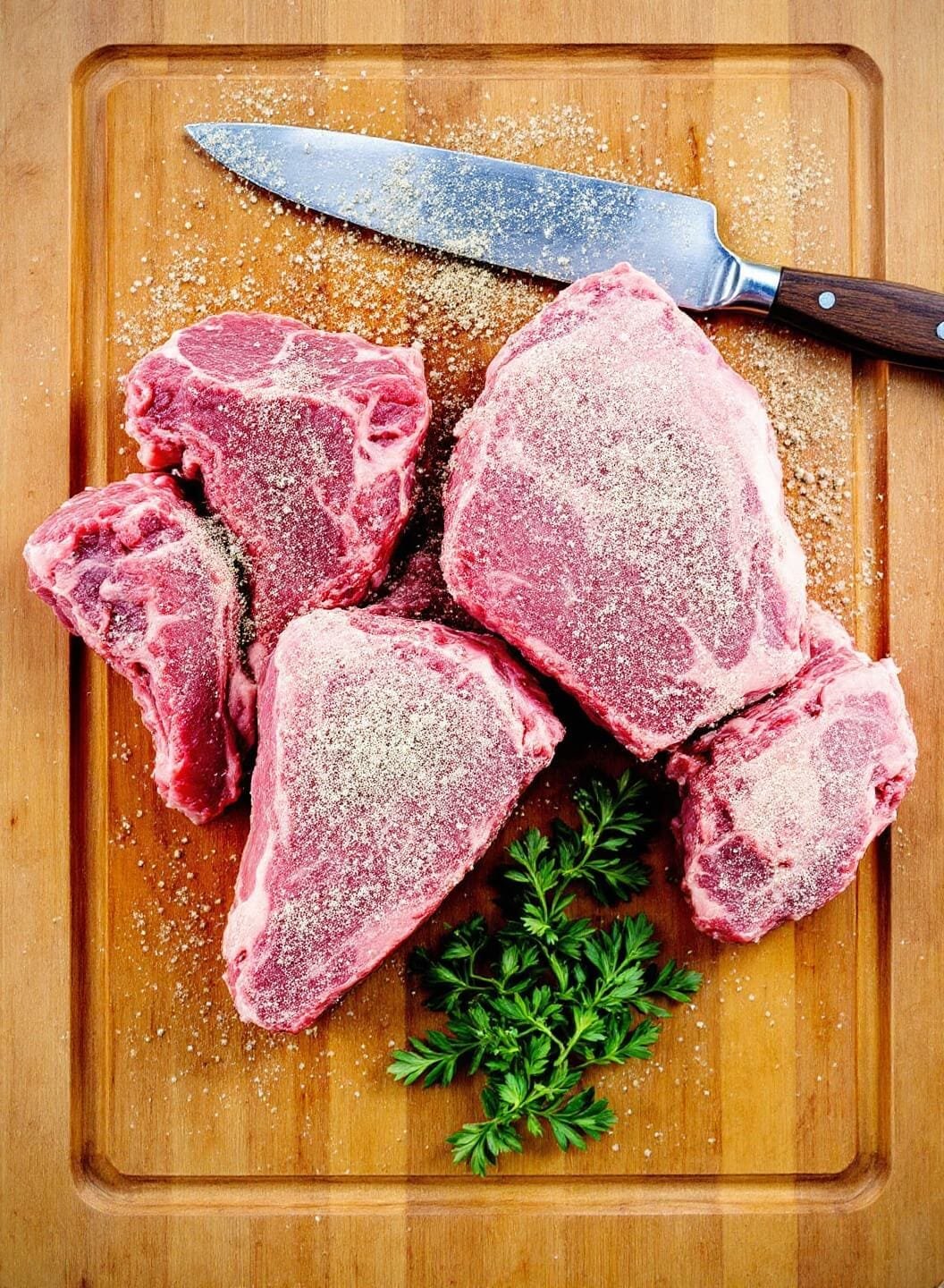 Hearty Low-Carb Beef Stew (No Potatoes) 3 Raw beef chunks on a wooden cutting board with seasoning for preparation