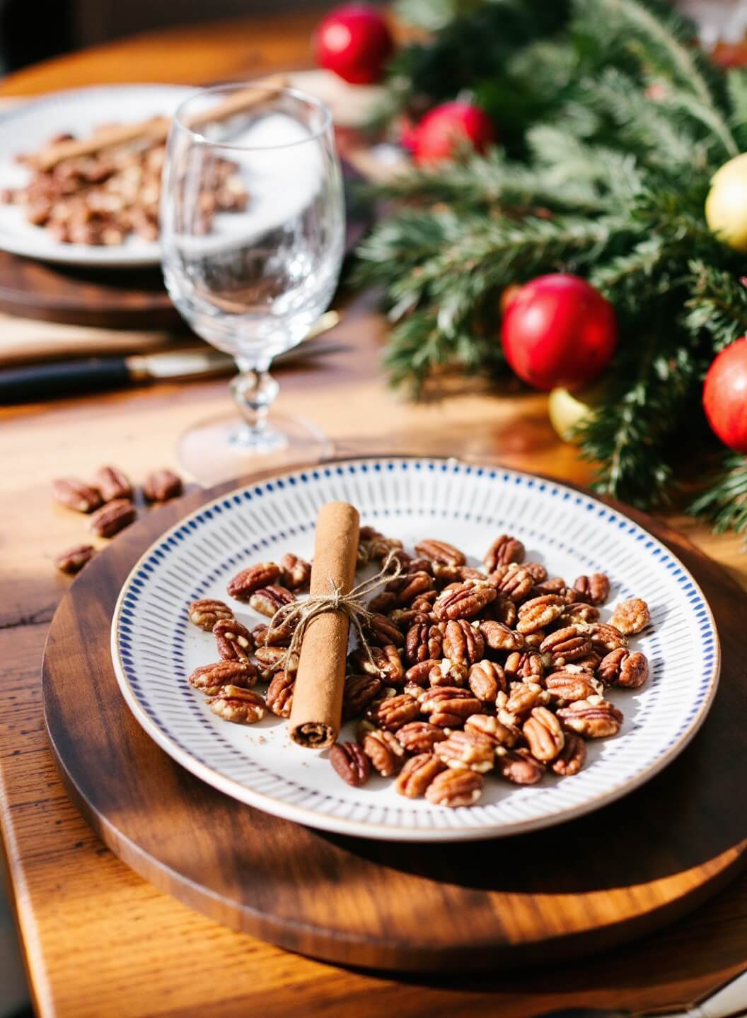 Sugar-Free Sweet Potato Casserole Using Mashed Pumpkin 7 Holiday table setting with plated dessert garnished with pecans and cinnamon