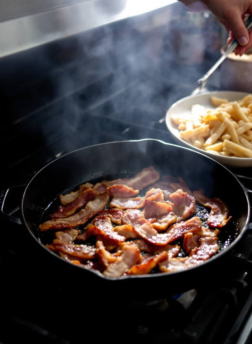 Keto Clam Chowder 3 Bacon sizzling in a dutch oven under morning light
