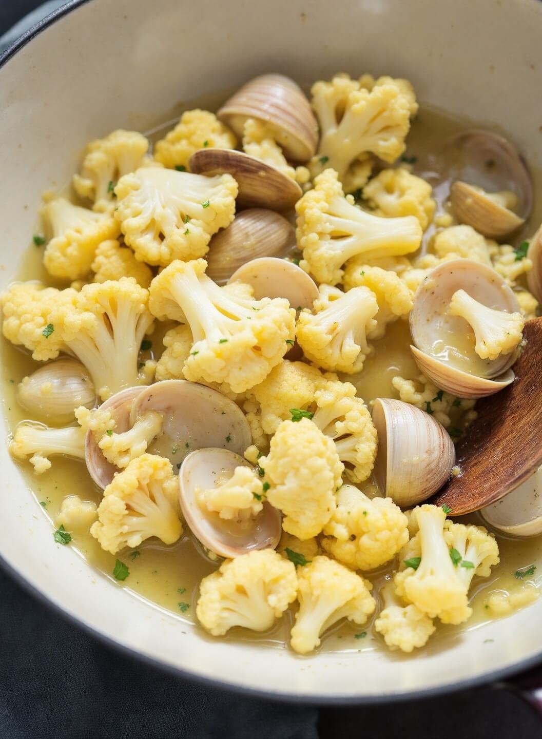 Keto Clam Chowder 5 Cauliflower in a gentle simmer with clam juice