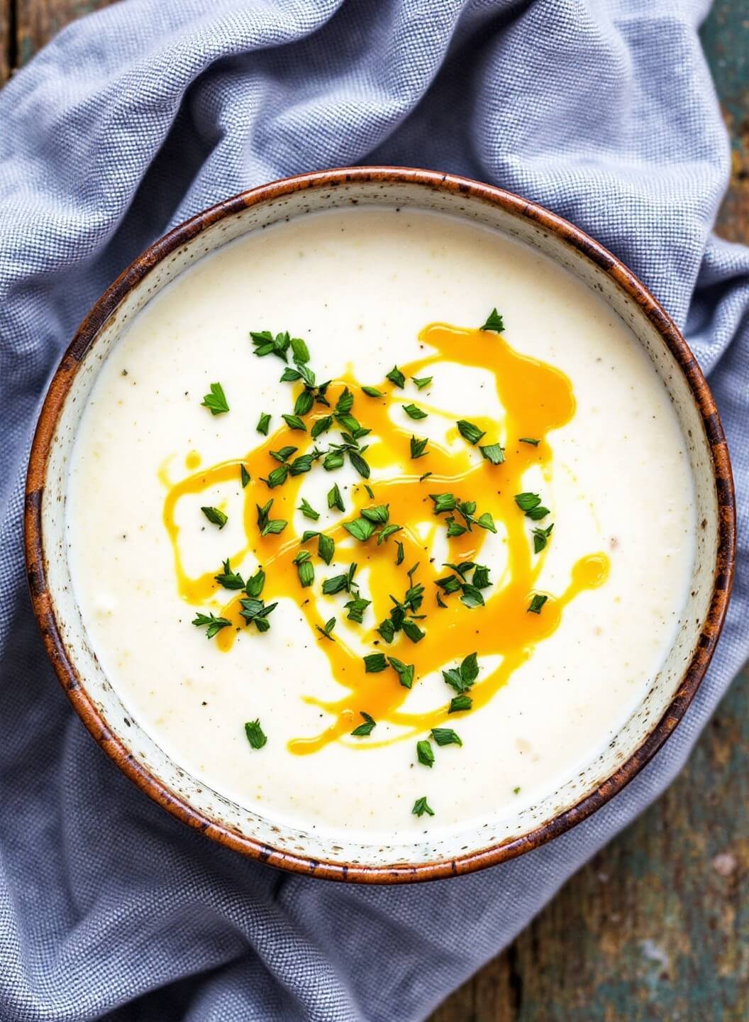 Keto Clam Chowder 6 Creamy chowder with thyme garnish served in a rustic bowl