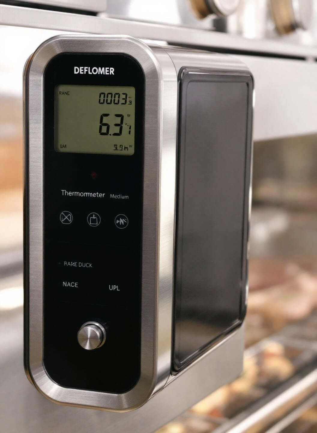 Crispy Duck Breast With Orange Butter Sauce 5 Thermometer indicating medium-rare temperature in a duck roasting in oven