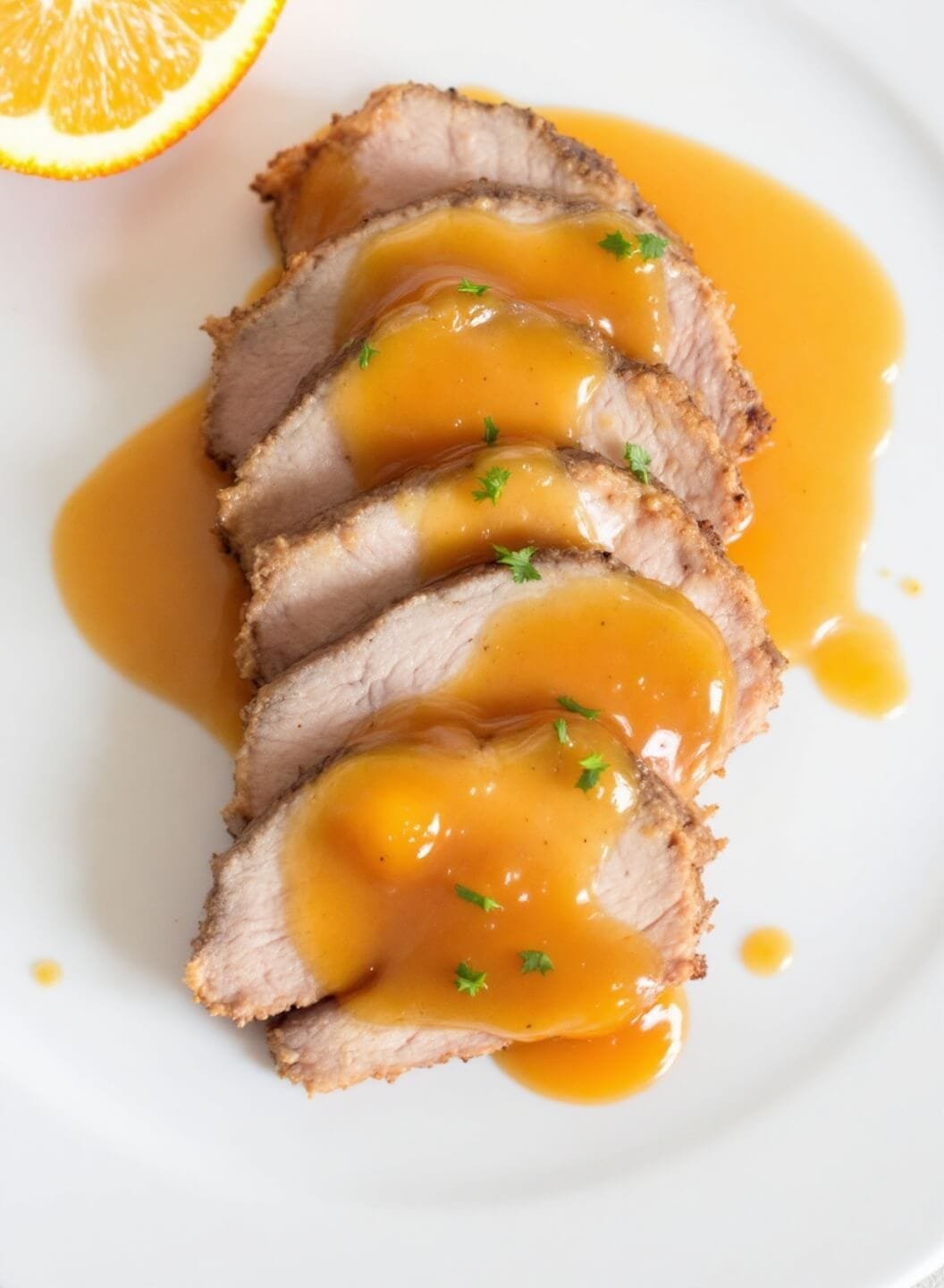 Crispy Duck Breast With Orange Butter Sauce 7 Sliced duck plated with orange sauce and garnish
