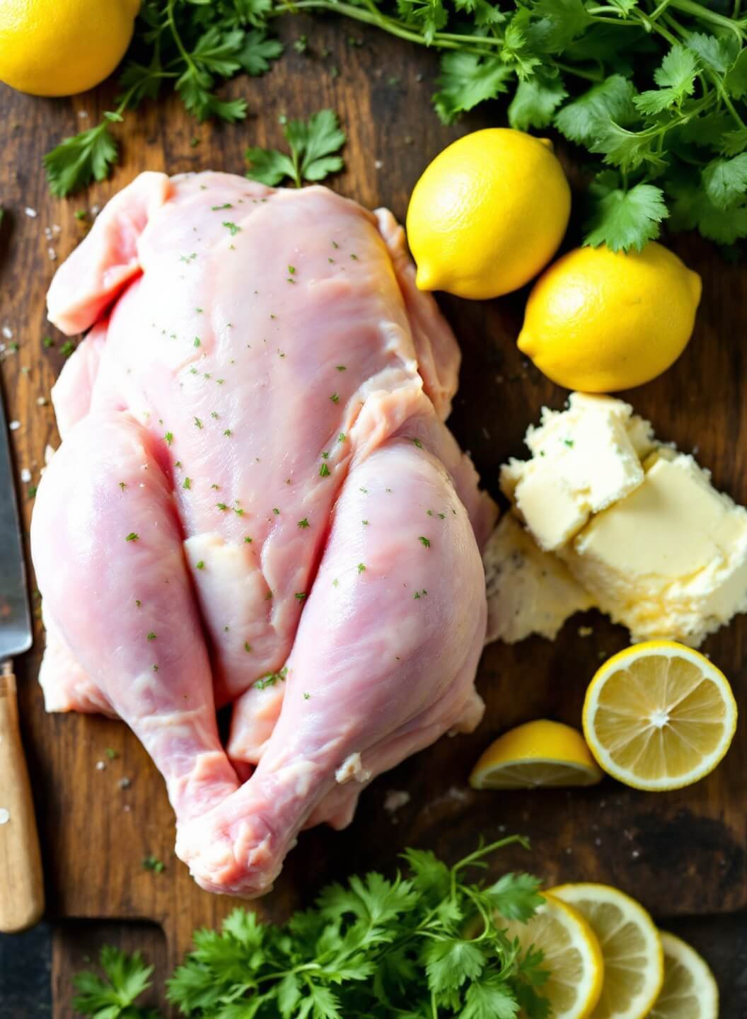 Lemon Garlic Herb Roasted Chicken 3 Raw chicken being prepared with fresh herbs, lemons, and butter on a rustic wooden board