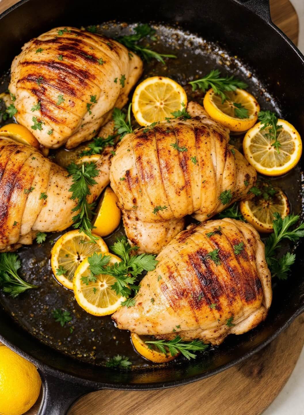 Lemon Garlic Herb Roasted Chicken 5 Golden roasted trussed chicken in a roasting pan with lemon slices and herbs