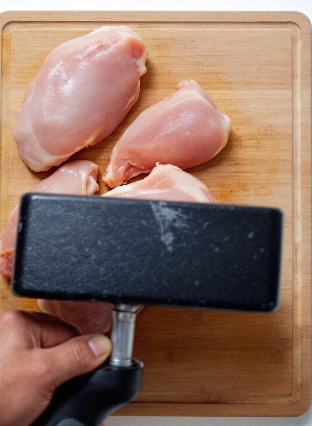 Easy Keto Chicken Parmesan With Almond Flour Breading 3 Raw chicken breasts being pounded thin with a meat mallet on wooden cutting board