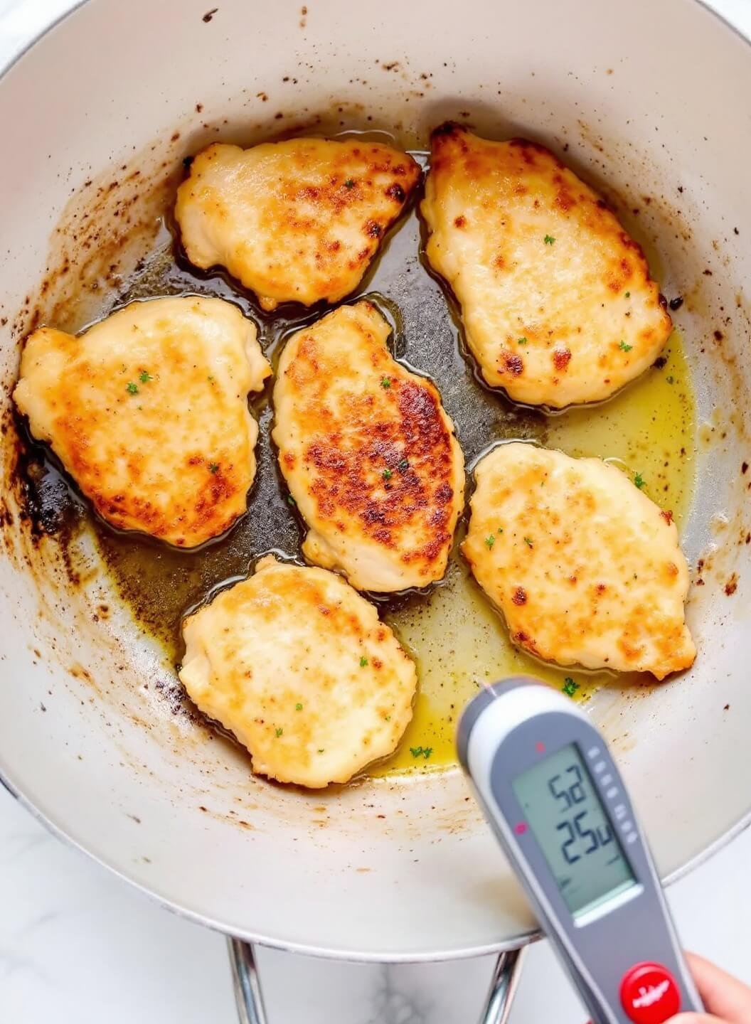 Easy Keto Chicken Parmesan With Almond Flour Breading 5 Sizzling golden brown chicken cutlets in a large skillet with oil and thermometer